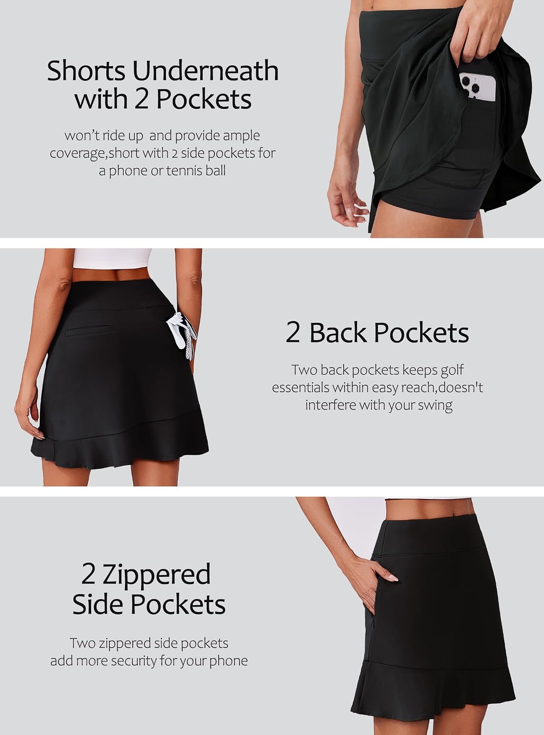 Detalle de PINSPARK 18" Women’s Golf Skorts with 6 Pockets, UPF50+ High-Waist Ruffle Athletic Tennis Skirt