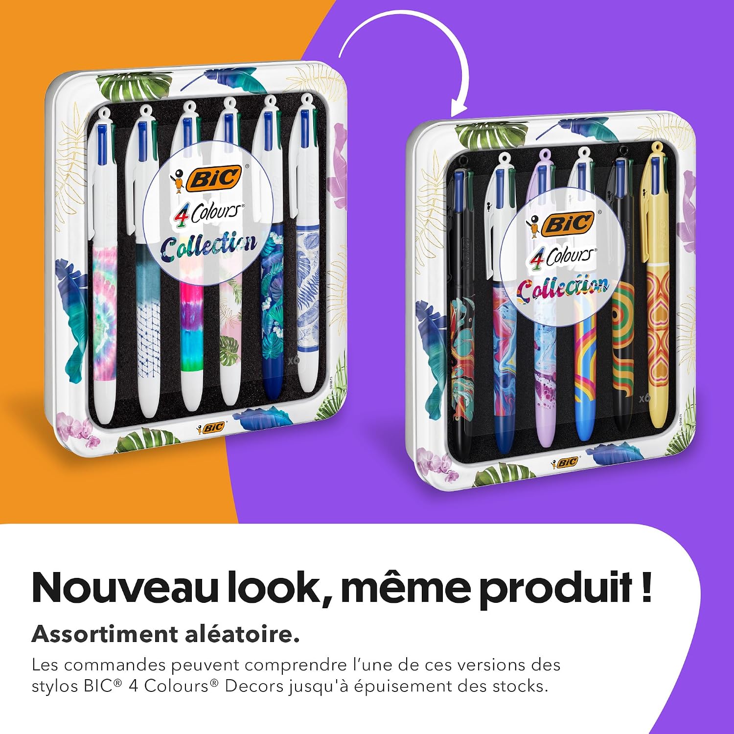 Thumbnail 1 de BIC 4 Couleurs Décors Messages ou Collection Botanique et Tie and Dye – Stylos-bille 4 couleurs, pointe moyenne 1,0 mm, Rouge, boîte réutilisable de 6