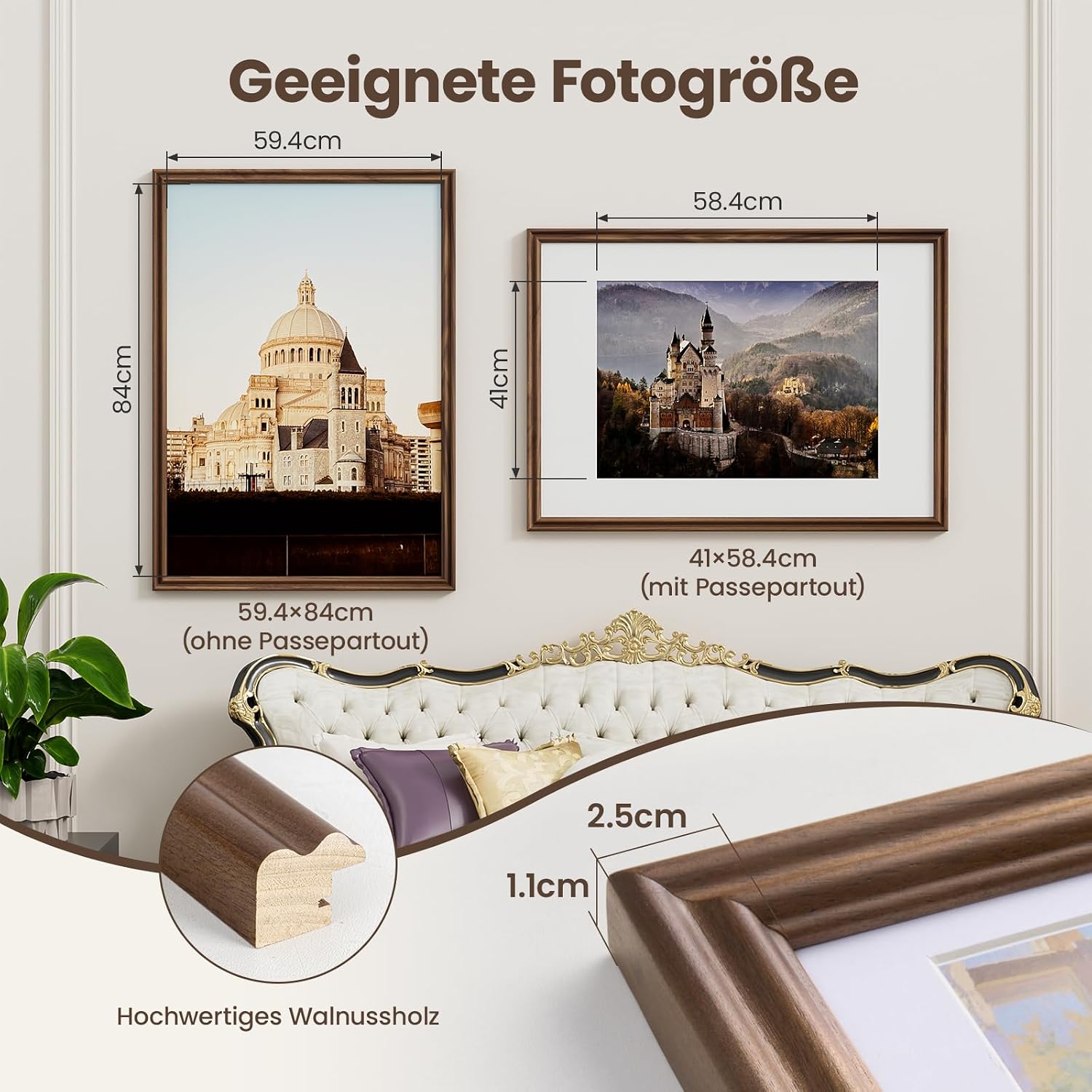 Detalle de Feihorrm A1-fotokader van massief walnoothout met gehard glas, 59,4 x 84 cm