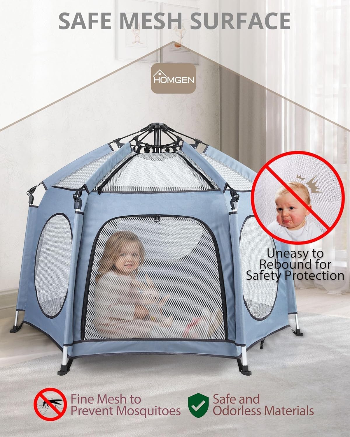 Thumbnail 2 de HOMGEN Foldable Pop Up Playpen 144x103cm with Detachable UV Cover