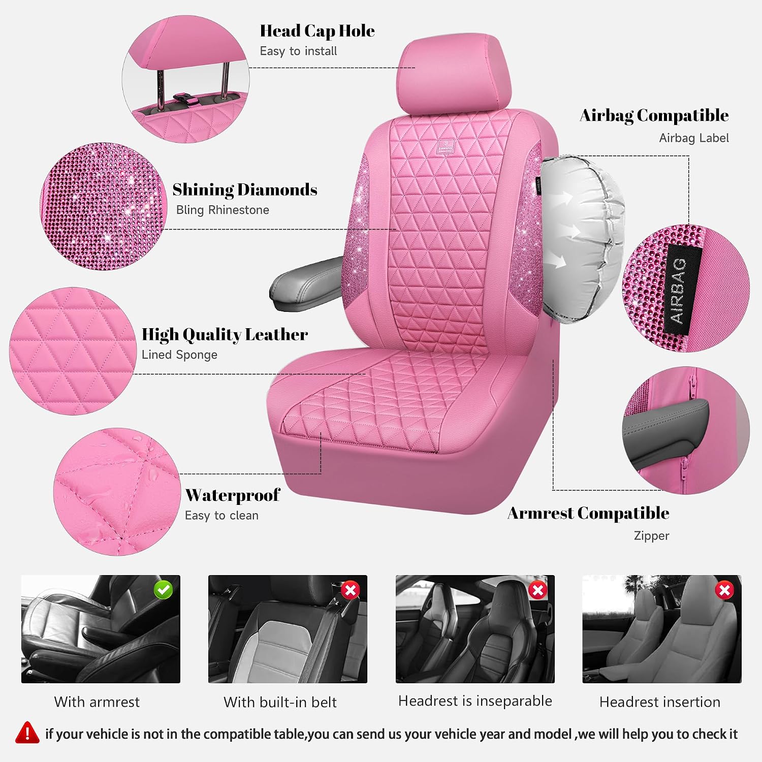 Detalle de CAR PASS Bling Diamond Pink Leather Car Seat Covers Full Set