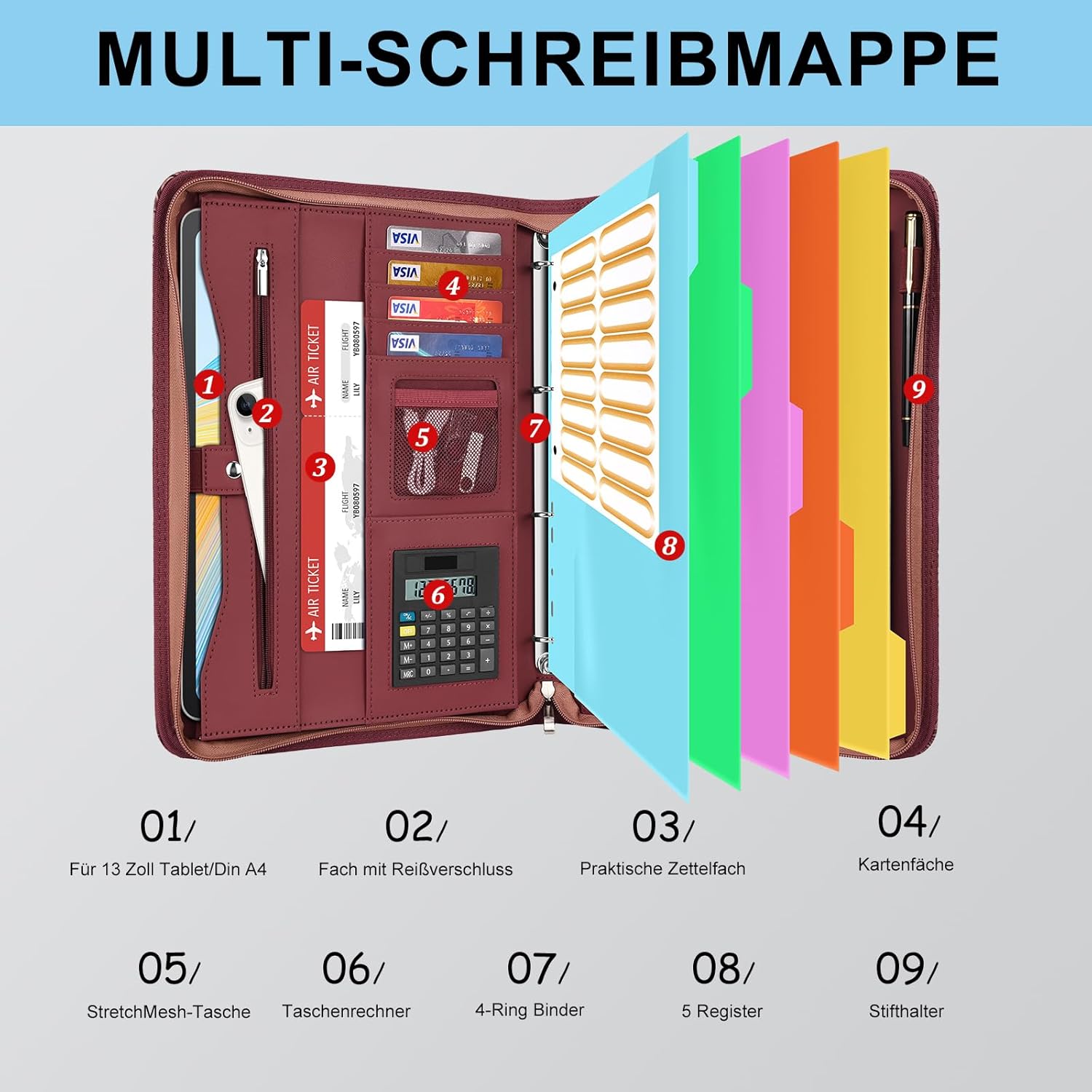 Thumbnail 5 de Leathario Schreibmappe A4 mit 5er Register und 4-Ringbuch, Konferenzmappe mit Reißverschluss