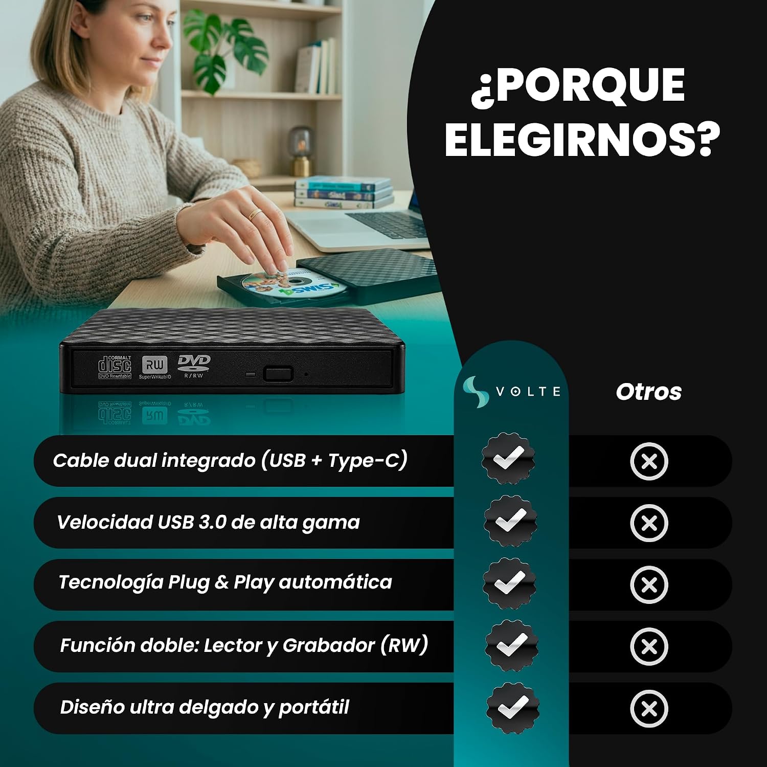 Thumbnail 2 de VOLTE Lector CD/DVD Externo USB 3.0 para PC y portátil
