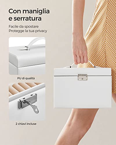Detalle de SONGMICS Scatola Portagioie a 3 livelli – Portagioie con mini box removibile, chiusura a chiave e maniglia frontale, PU Bianco Nuvola / foderato beige