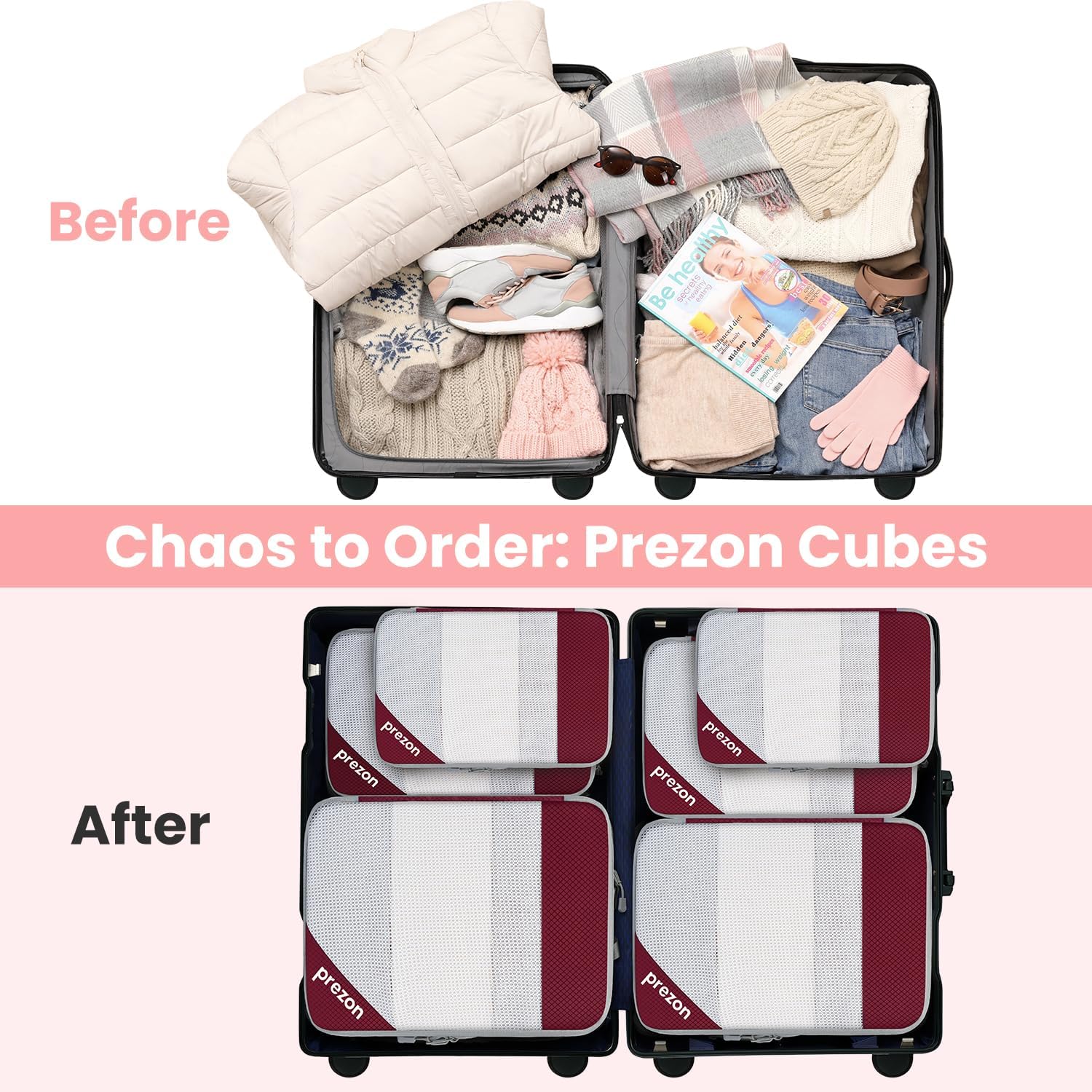 Thumbnail 6 de Prezon Versatile 6-Set Compression Hollow Packing Cubes with Full Open Visible Design (Burgundy)