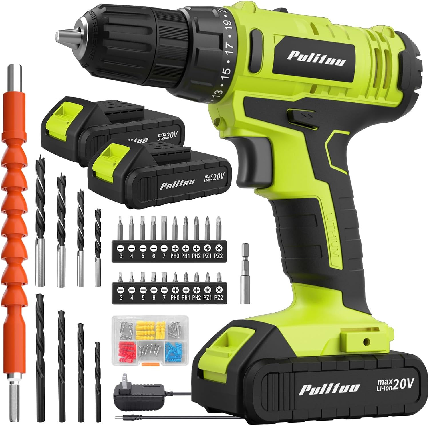 Detalle de PULITUO DC7720S 20V Cordless Drill/Driver, 30 Nm, 2 Batteries, LED