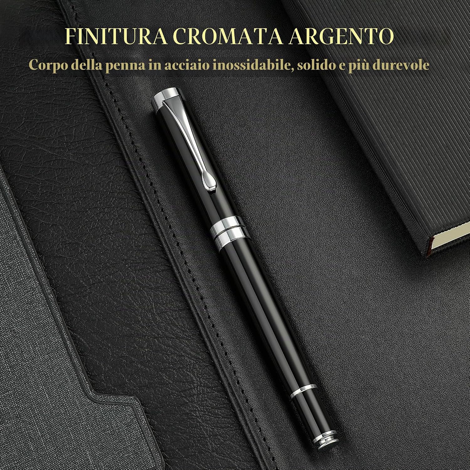 Detalle de BEILUNER Penna a Sfera Nero Cromato con Finitura Argentata – Set regalo con ricambio extra 0.5 mm