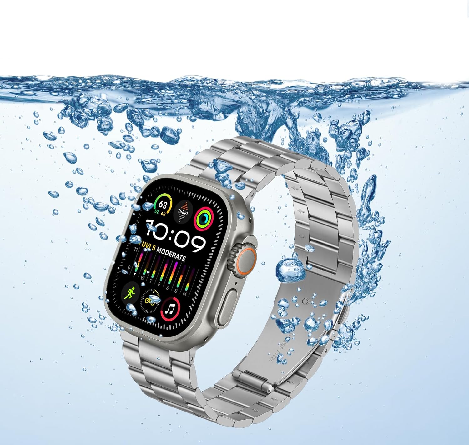 Detalle de Anlinser Metal Strap for Apple Watch Ultra/Series (49mm–42mm) – Silver, 192mm Length, Tool-free Adjustment
