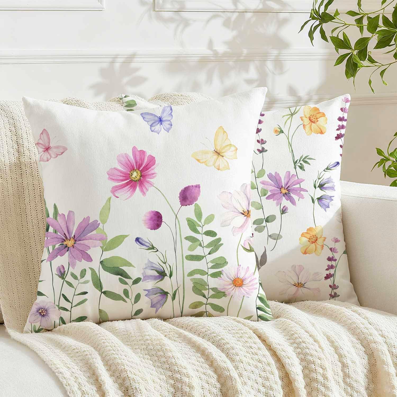 Detalle de Avalune Kissenbezug 50x50 cm Frühling Leinenoptik – Blumen Rosa/Grün, 2er Set
