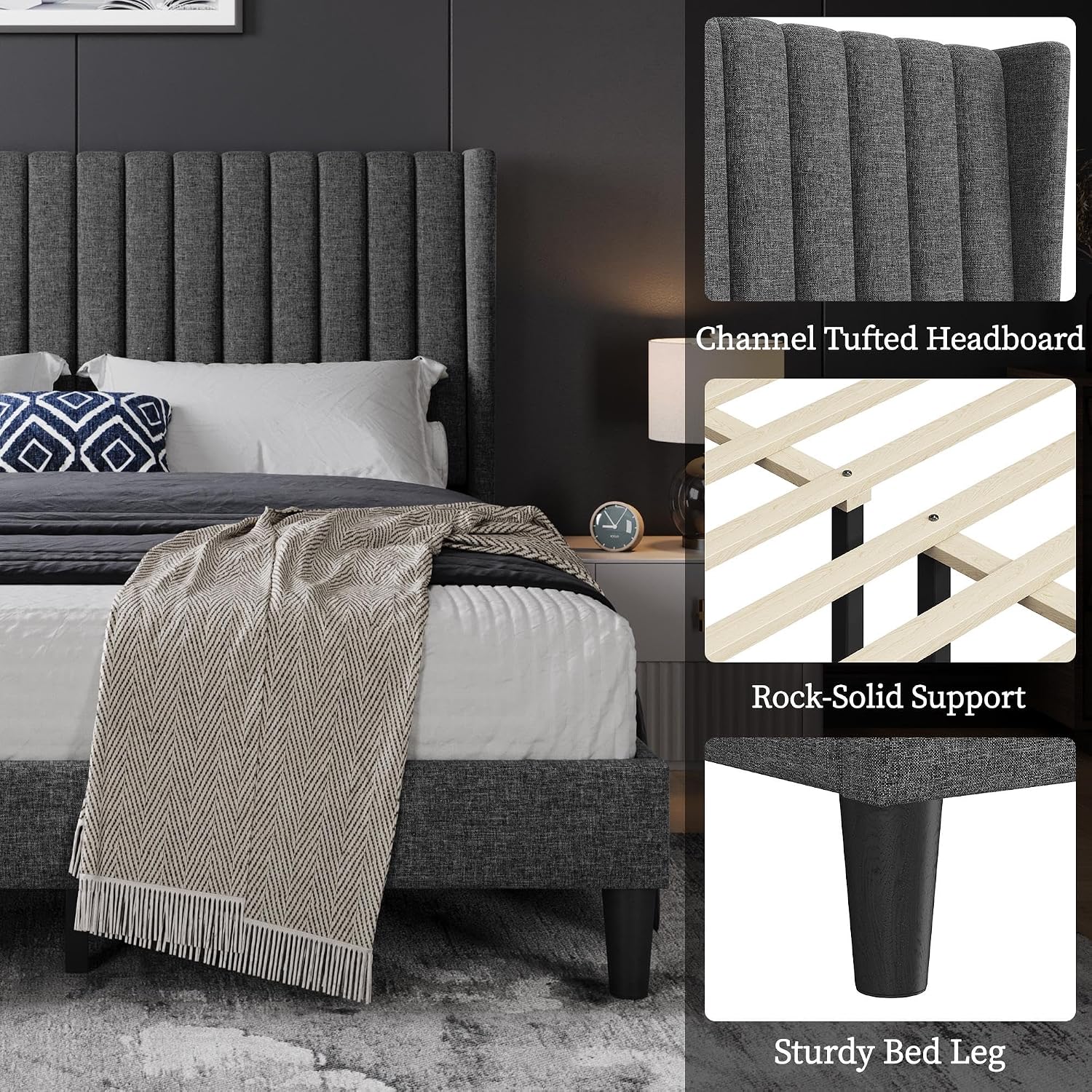 Thumbnail 3 de Yaheetech YT-00111176-001 Queen Upholstered Bed Frame, Dark Gray