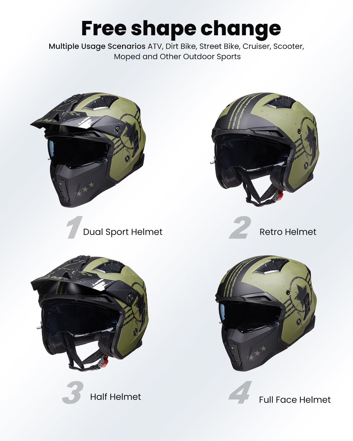 Detalle de ILM Z302 3/4 open-face motocross helmet with visor (Army Green) – ECE model, size S