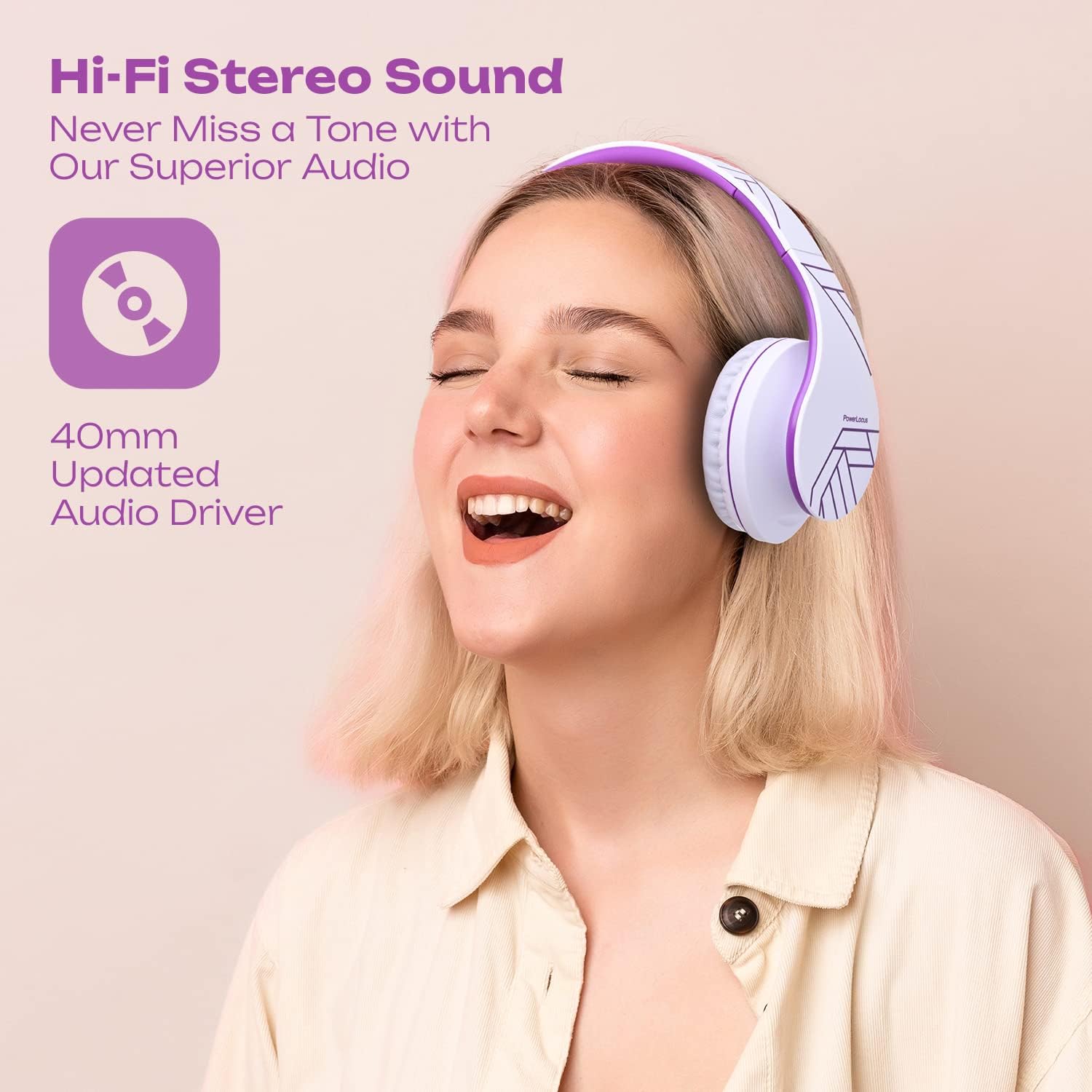 Detalle de PowerLocus Bluetooth Over-Ear Headphones (Wireless & Wired) with Mic, Micro SD/TF and FM – White/Violet