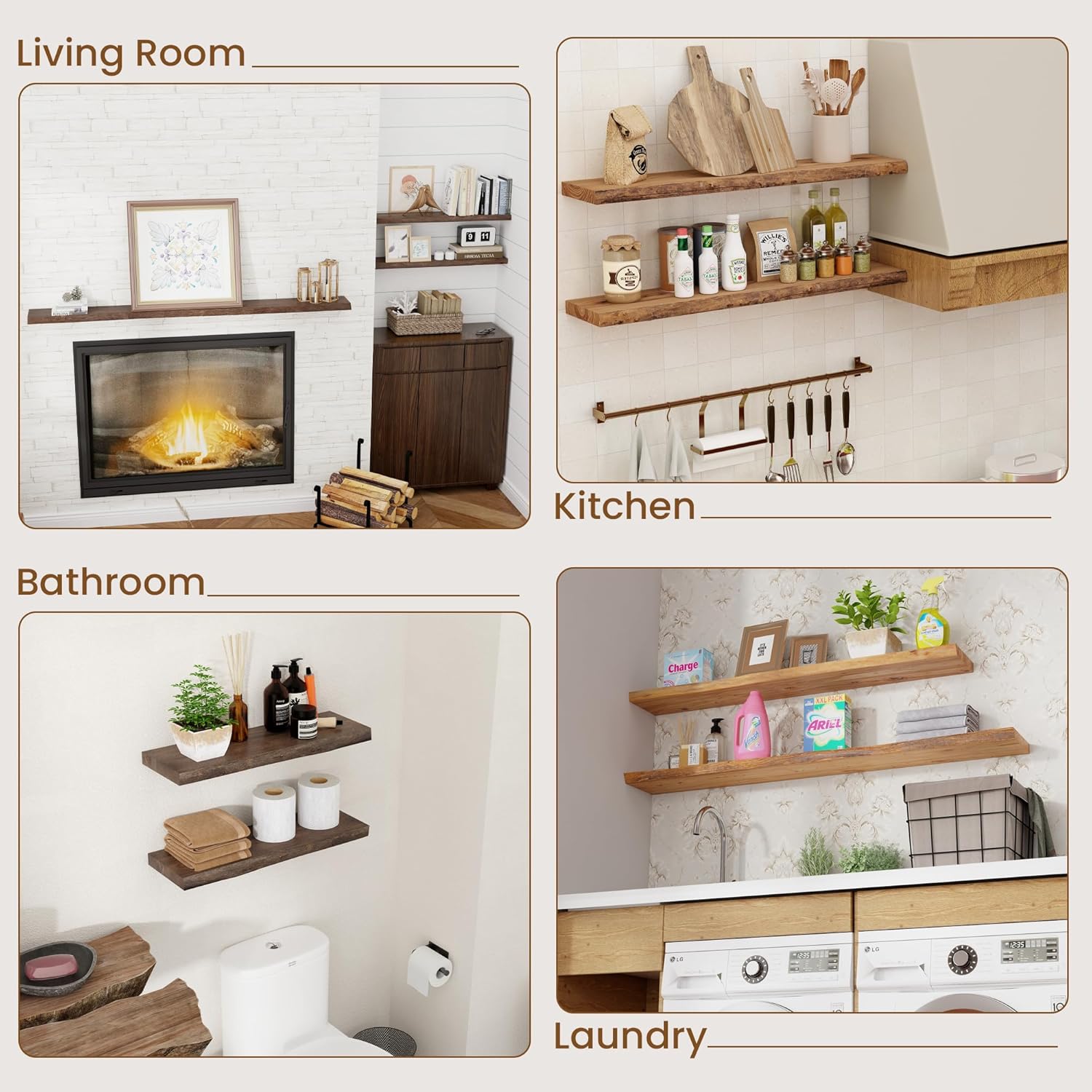 Thumbnail 6 de Floating Shelves for Wall Decor – Rustic Solid Elm Wood Live Edge Set of 2 (24 Inch), Natural