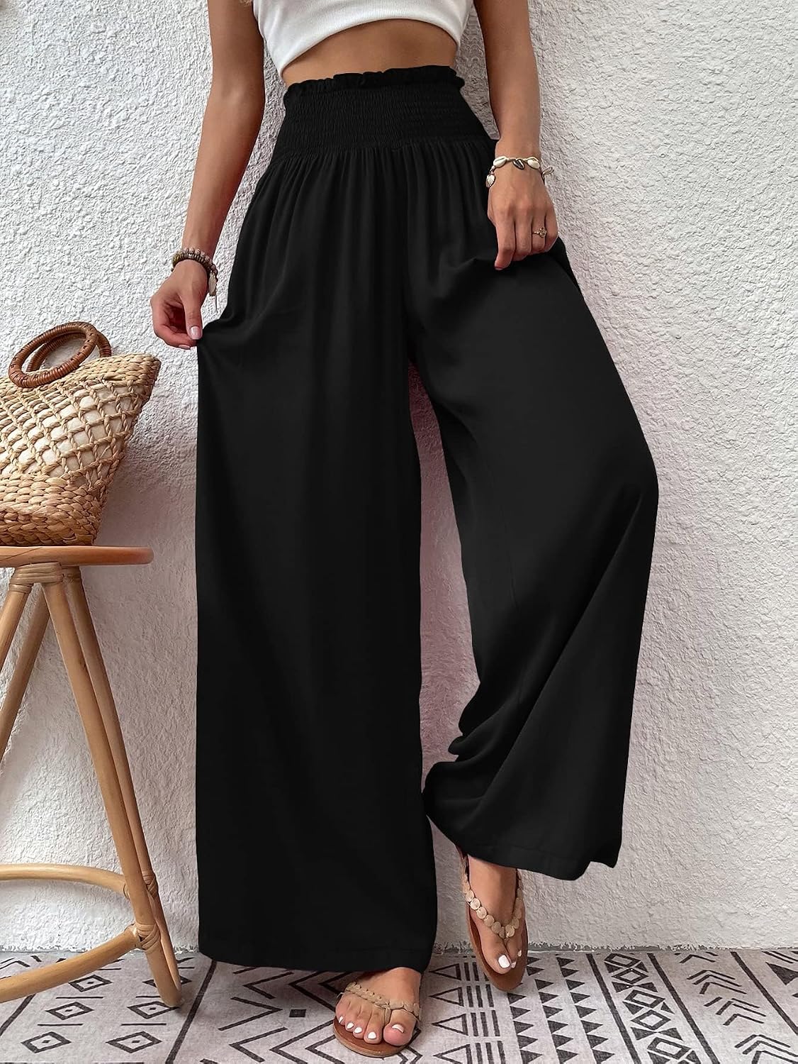 Detalle de Cicy Bell Damen Palazzo Hose – elastische Taille, gerader Schnitt, Taschen, locker und vielseitig