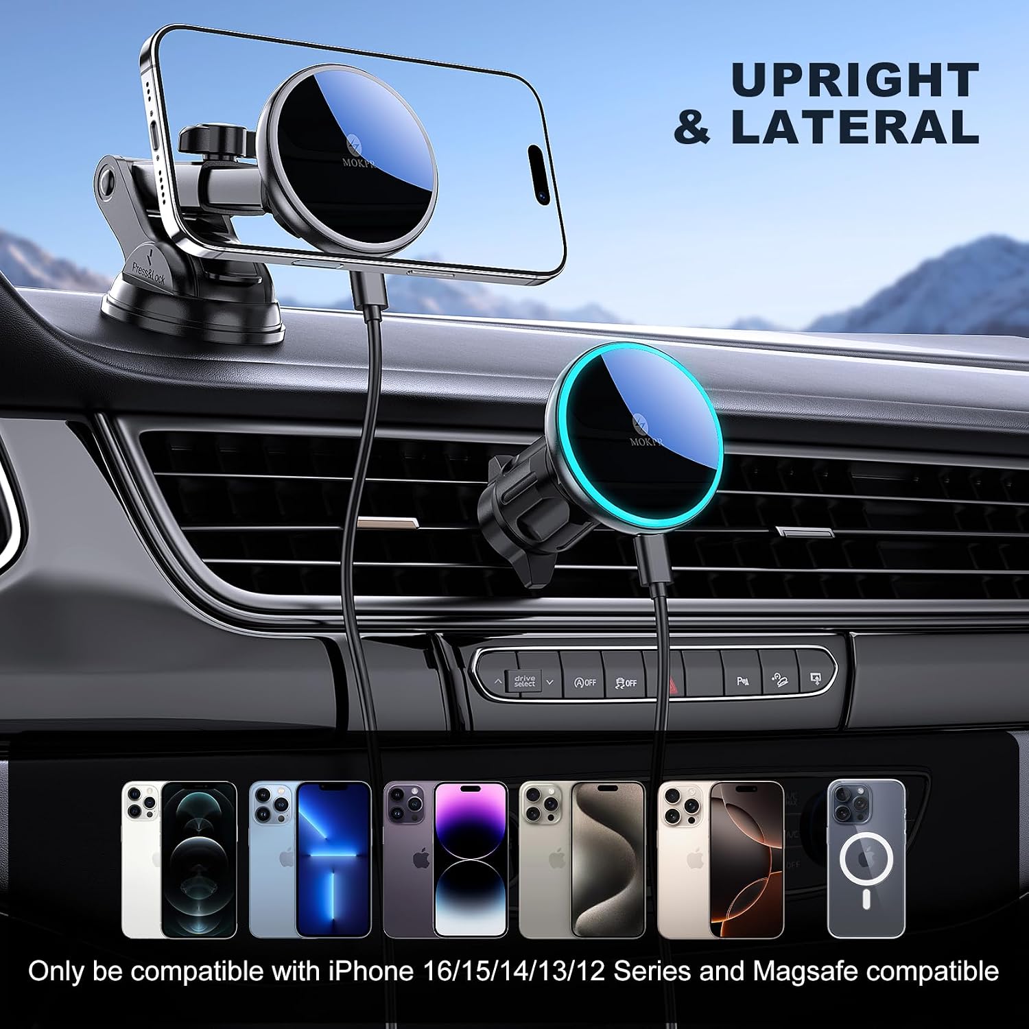Thumbnail 2 de MOKPR 15W Support Téléphone Voiture Magnétique avec Charge MagSafe et Ajustement 360°