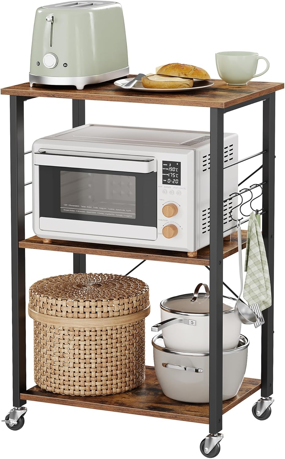 VASAGLE Carrello da cucina su ruote con 3 ripiani e 6 ganci KKS060B42, 40 x 60 x 89 cm (nero)