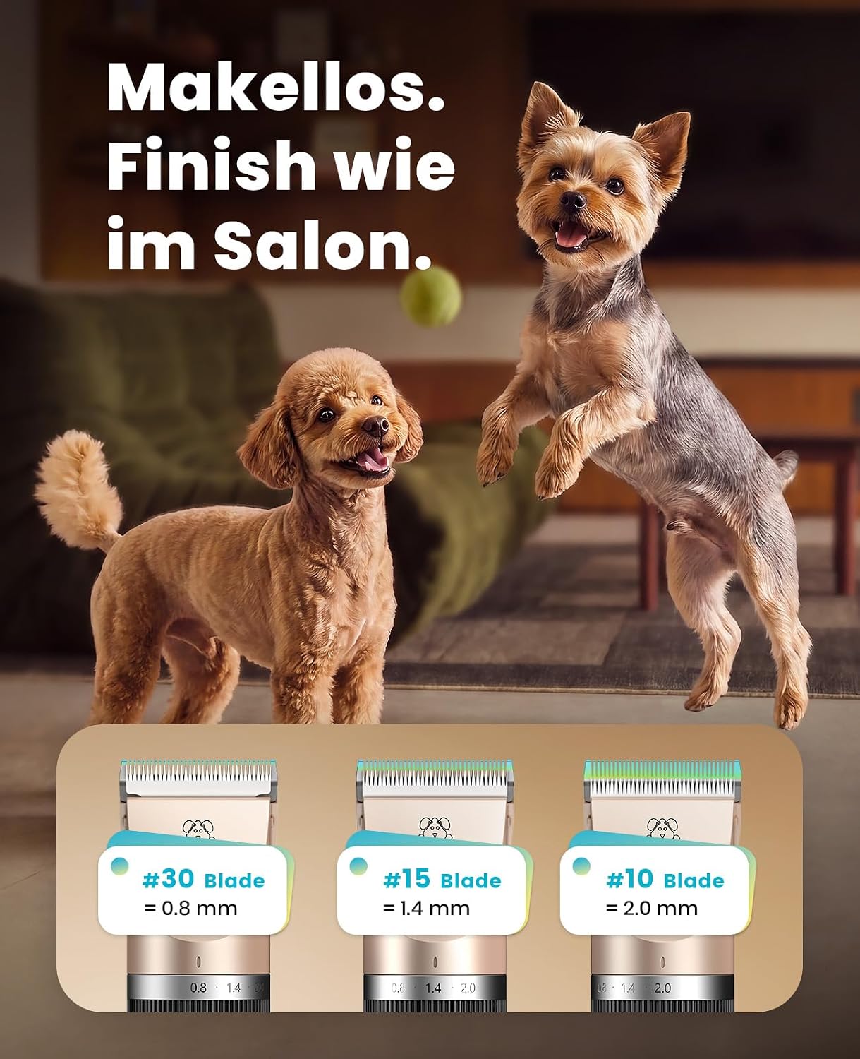 Detalle 2 de oneisall Leise Hundeschermaschine – kabellos, 2000mAh, 4 Stunden Laufzeit, für Langhaar–Fellpflege von Hund & Katze (Gold)