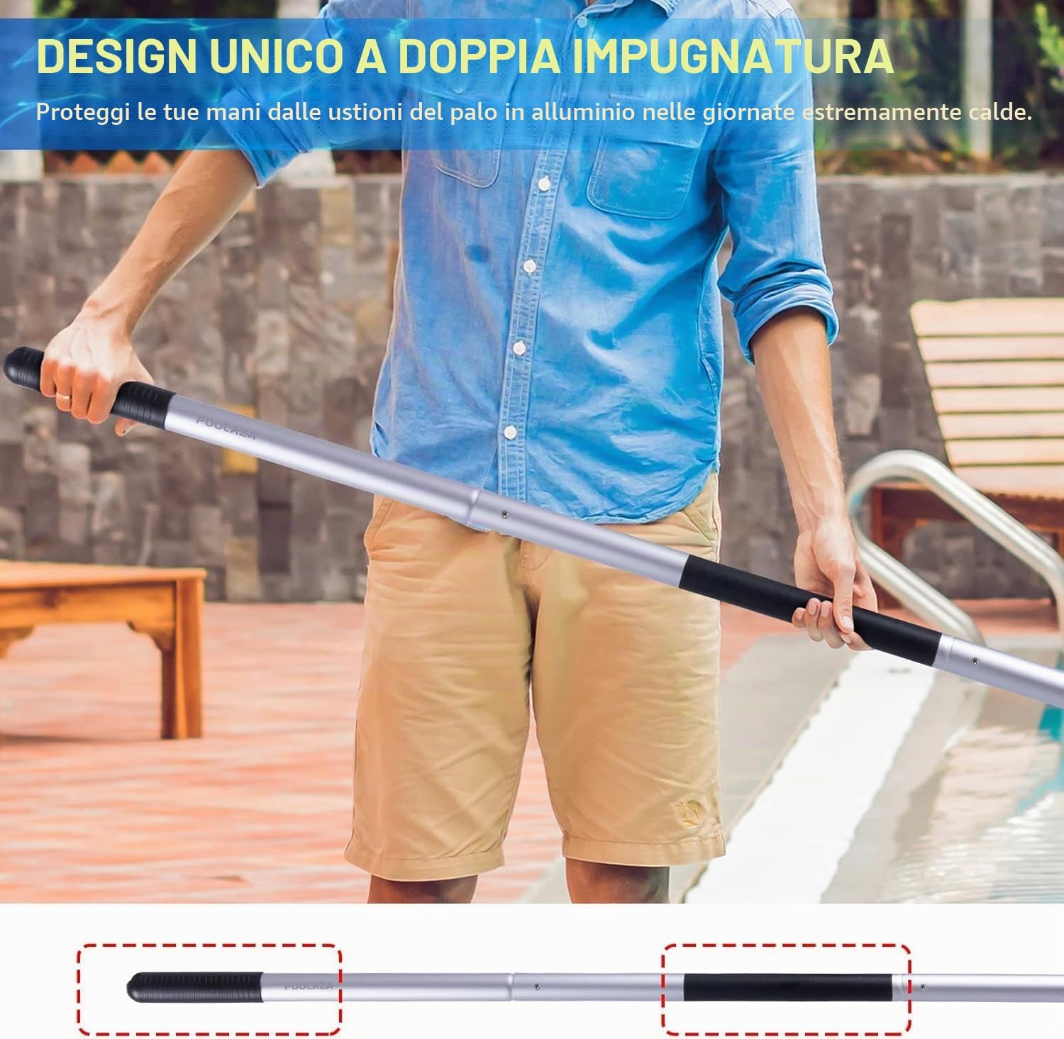 Detalle de POOLAZA Palo per piscina a doppia impugnatura in alluminio anodizzato, telescopico fino a 3,2 m