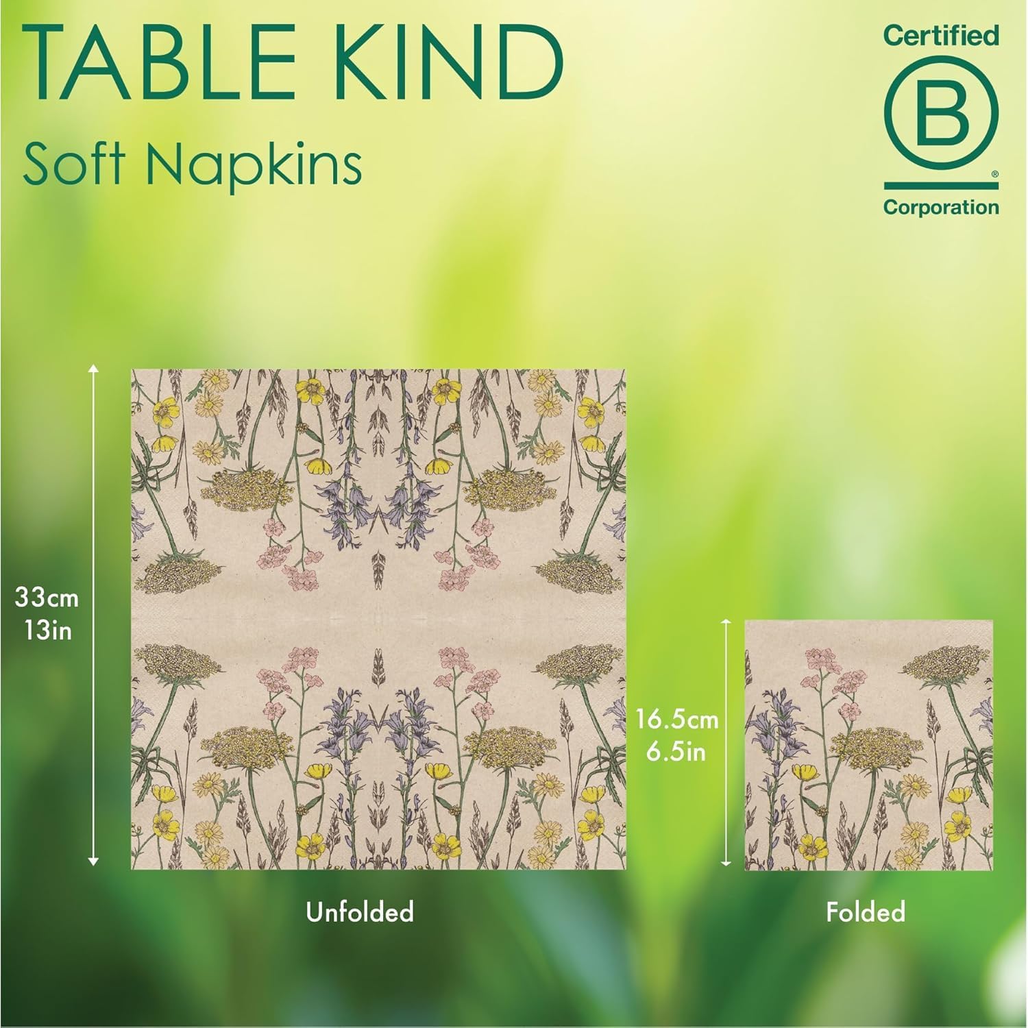Detalle de Table Kind 100 x Soft Recycled Paper Napkins (2-ply, 33cm) – Spring Wildflower Floral Kraft, FSC & home compostable