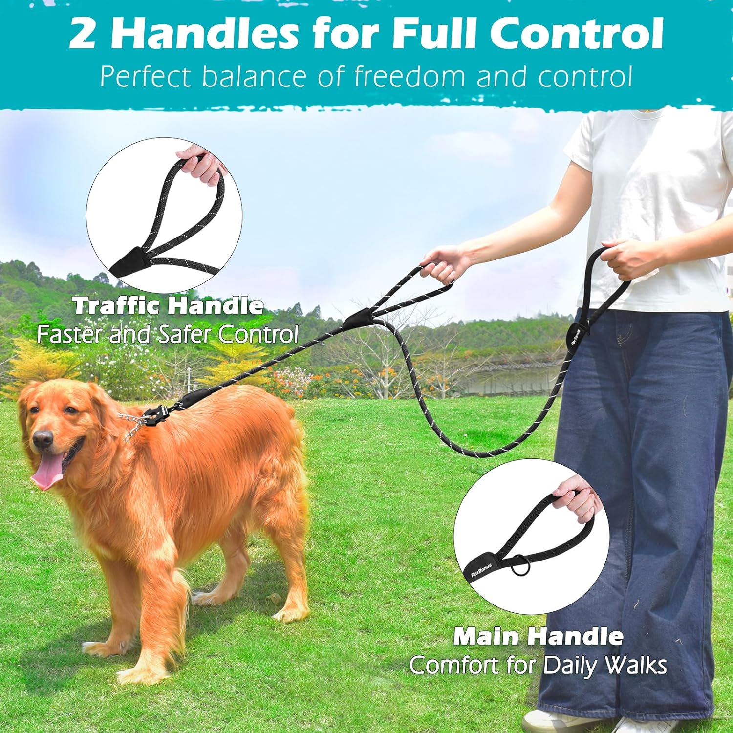 Thumbnail 2 de PetBonus Two Handles Dog Lead (150 cm) with Reflective Rope & Quick-Release Clip