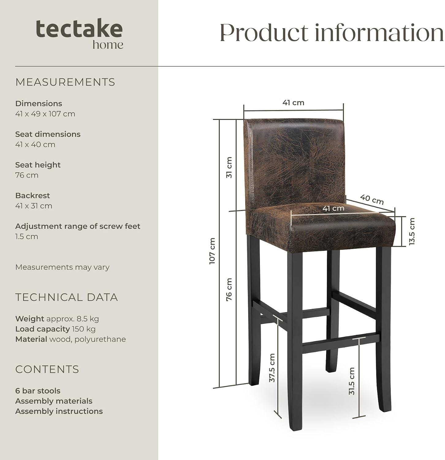 Detalle 2 de tectake 406302 barstolar med ryggstöd, fotstöd och konstläder, 6-pack