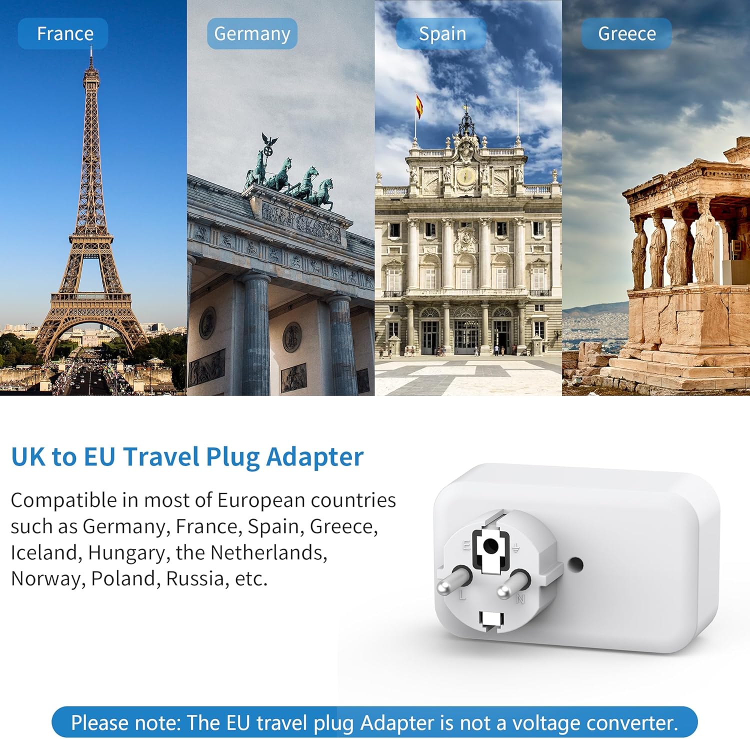 Detalle de Mscien UK to European Plug Adapter with USB C – 4-in-1 Travel Adaptor for UK travellers in Europe