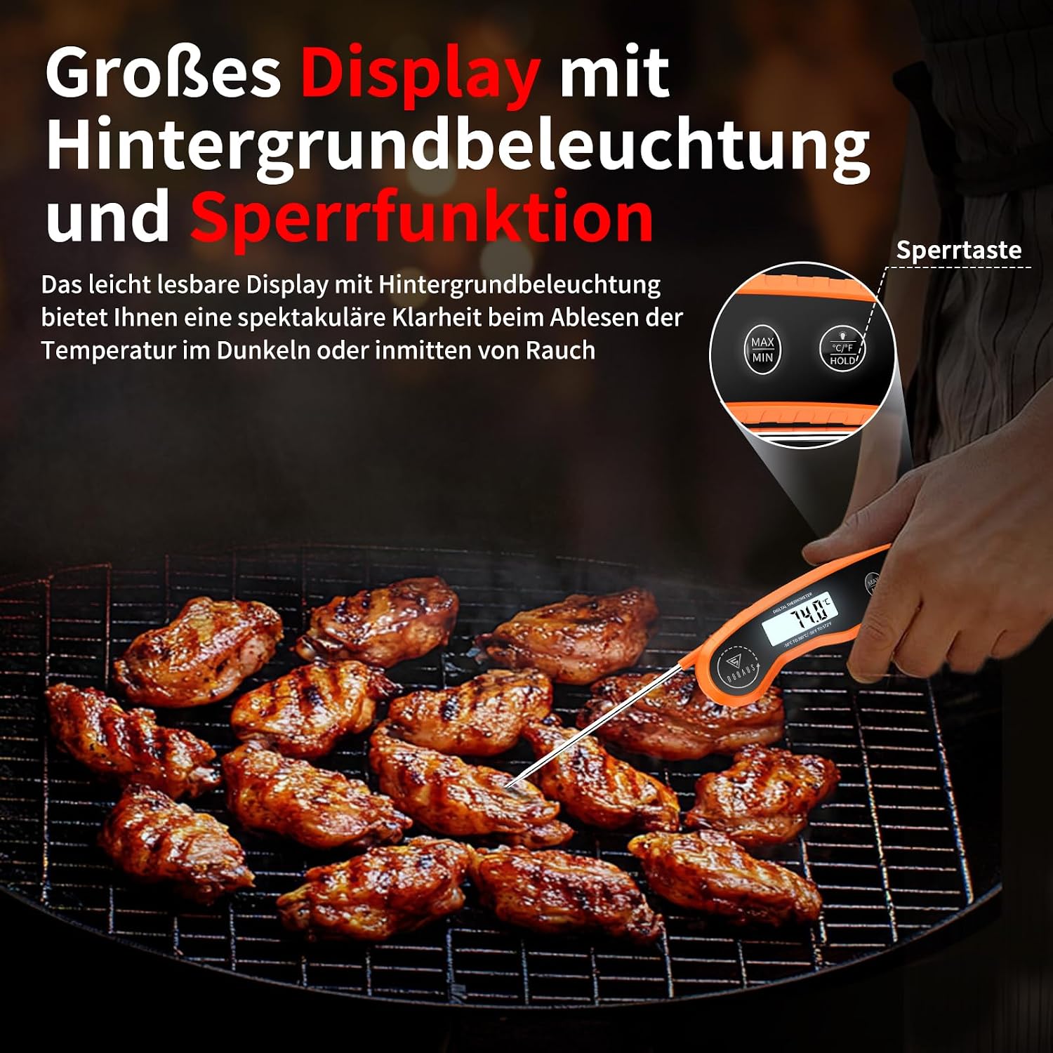 Thumbnail 2 de DOQAUS Fleischthermometer Digital – präzise 3‑Sekunden-Lesung mit LED-Hintergrund und faltbarer Sonde