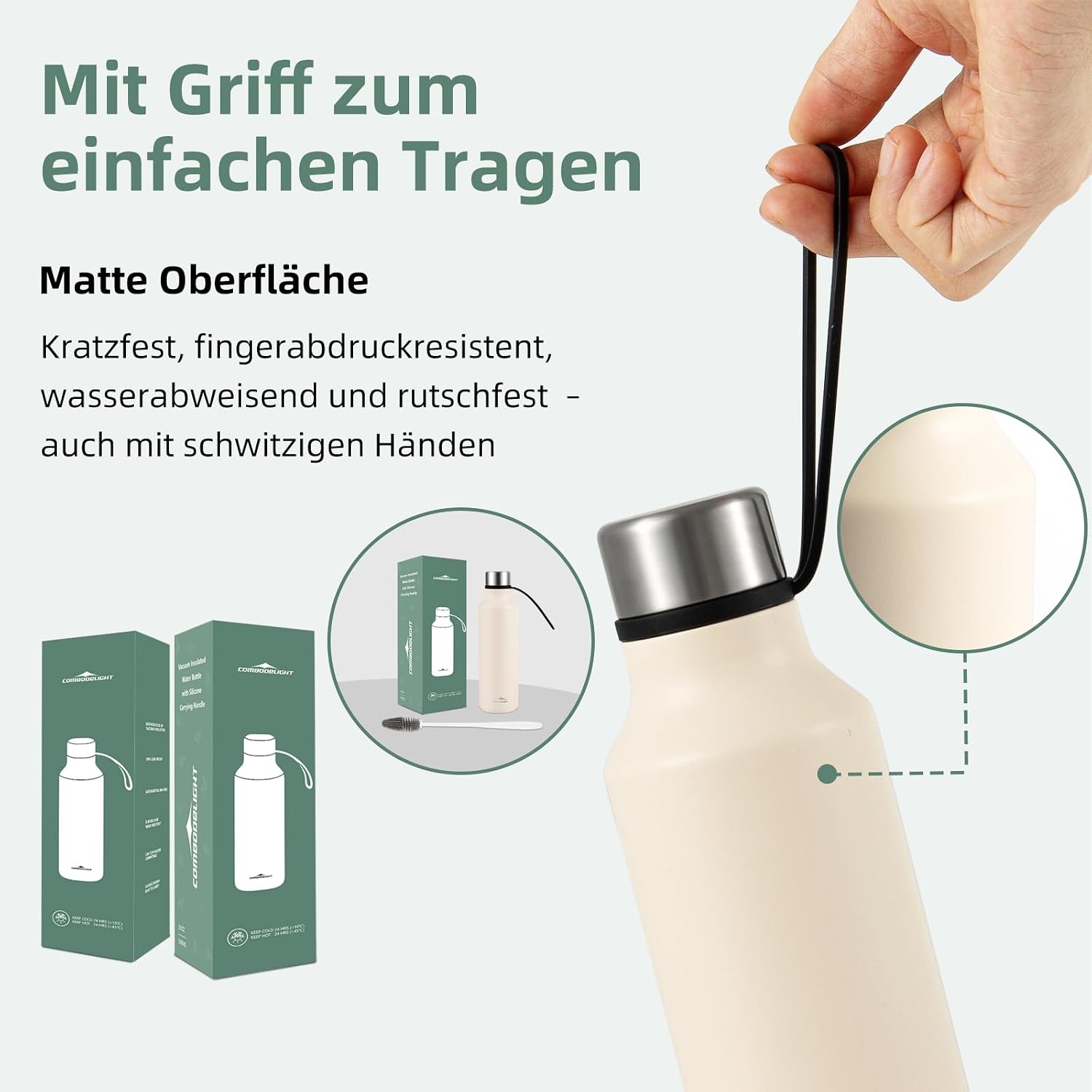 Detalle 2 de Combo Delight Edelstahl-Trinkflasche 580 ml (kohlensäuregeeignet) – auslaufsichere Isolierflasche für unterwegs