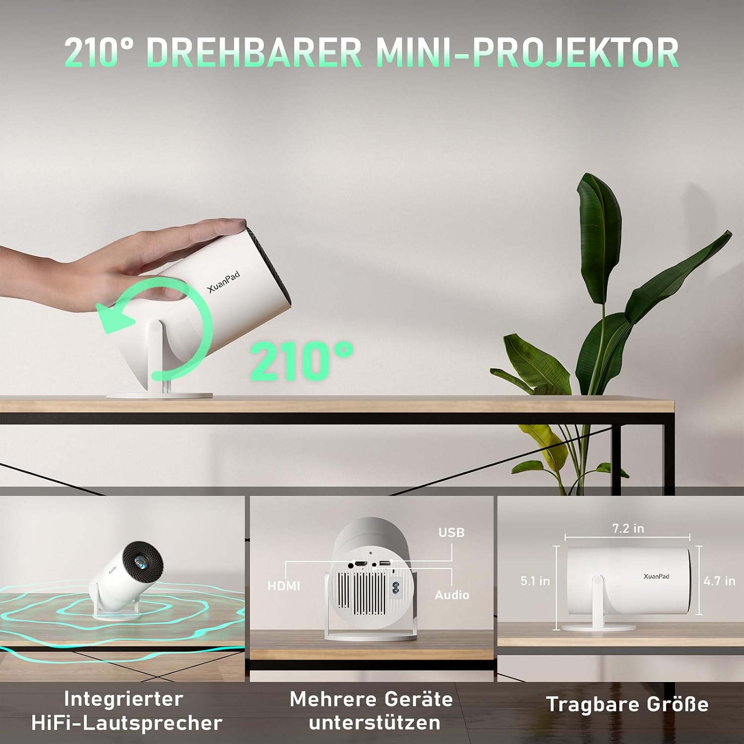 Detalle de XuanPad Mini Beamer 4K – Tragbarer 1080p Outdoor-Projektor mit WiFi, Bluetooth und 210°-Ständer