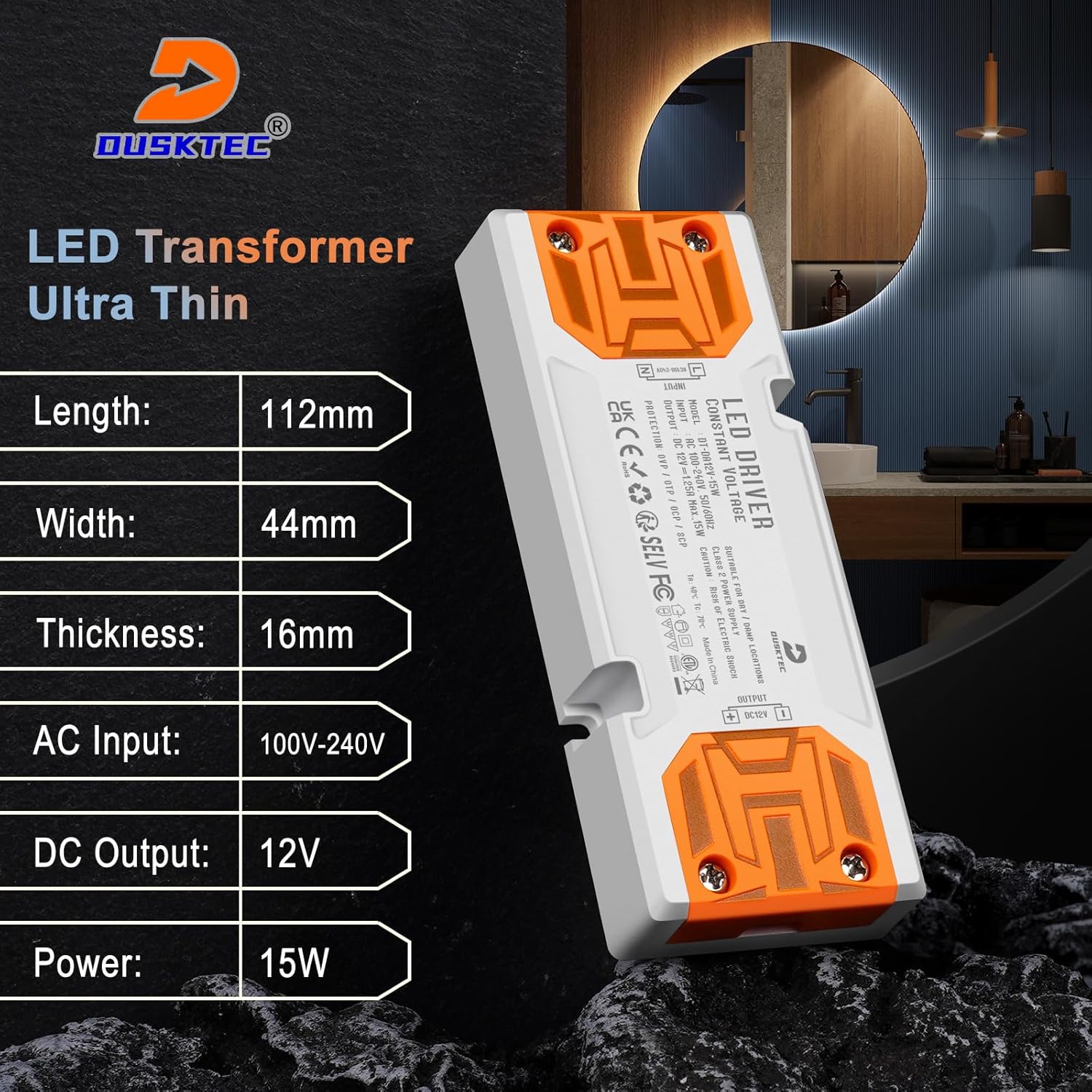 Detalle 2 de DUSKTEC 12V LED Driver 15W Slimline Transformer (240V AC to 12V DC)