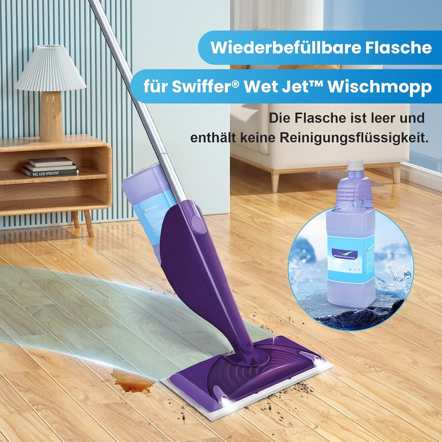 Detalle 2 de 1,25 L Ersatzflasche für Swiffer WetJet Spray Mop – nachfüllbar, auslaufsicher, BPA-frei