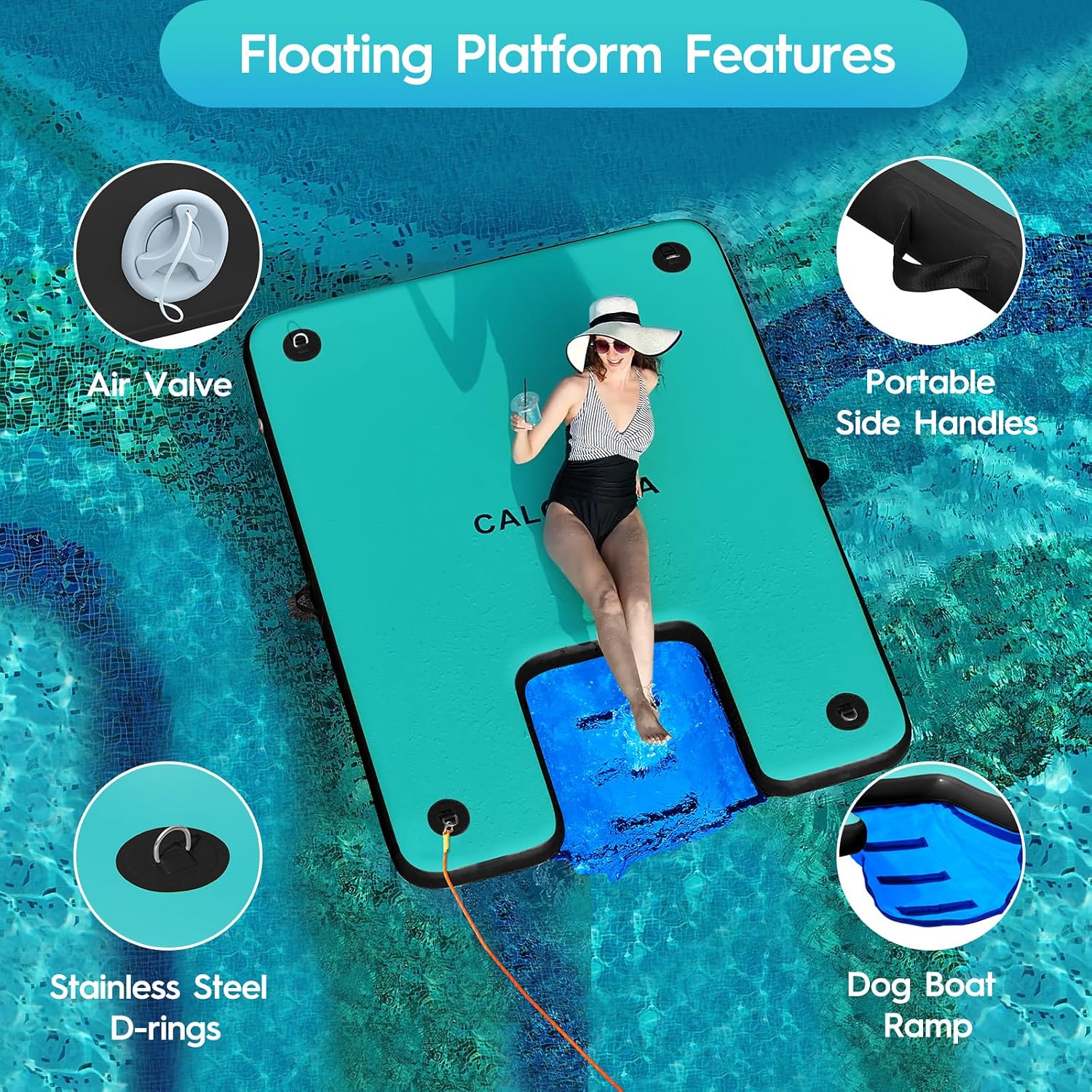 Detalle de CALOBANA Inflatable Floating Dock with Dog Ramp — 6x10 ft Platform for Adults & Pets