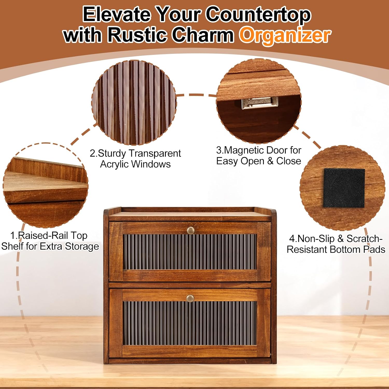 Thumbnail 6 de Alpeir Double-Layer Bread Box, Brown Pine Wood with Acrylic Window and Vents