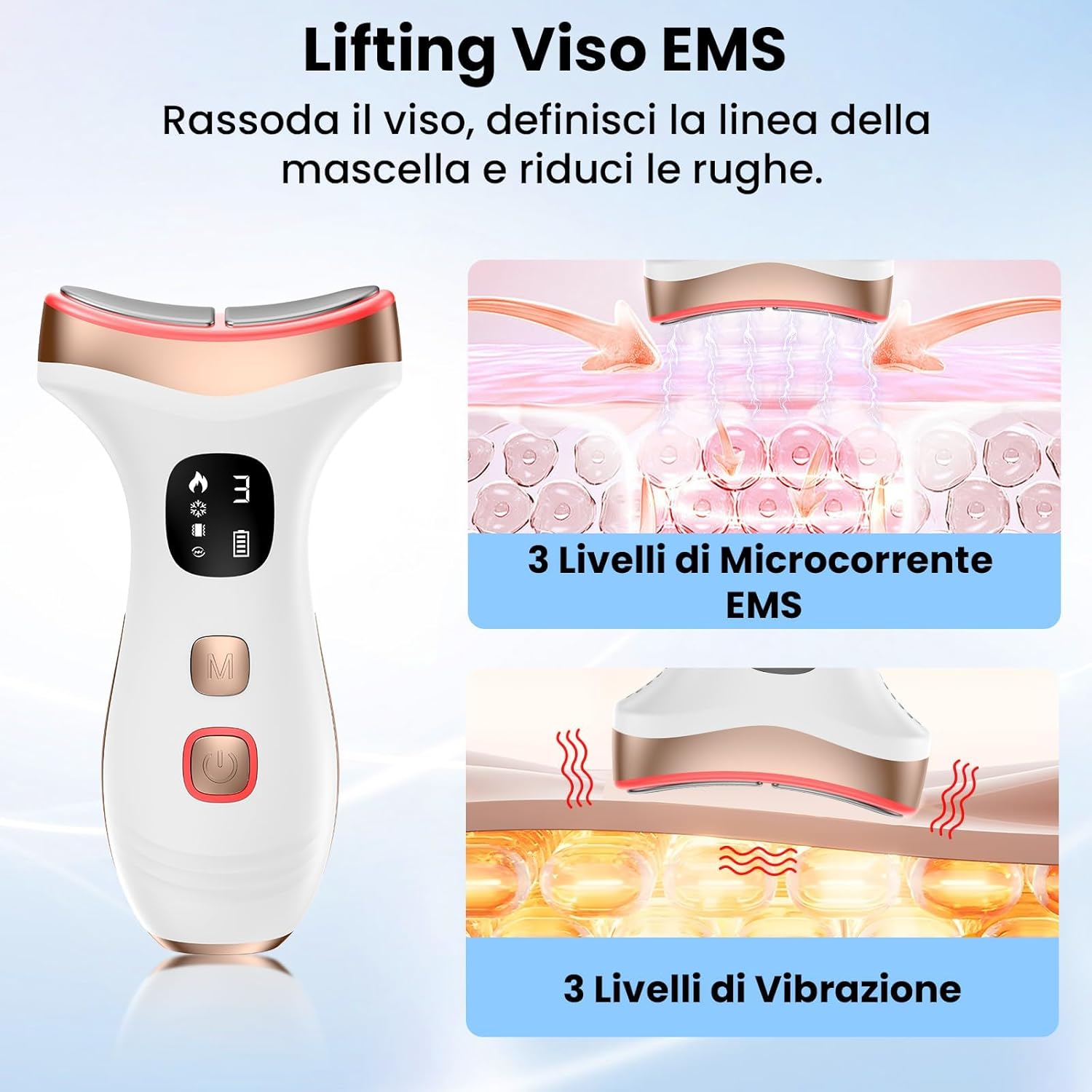 Detalle de Massaggiatore Viso Lifting Elettrico Antirughe: EMS, Caldo e Freddo, 7 Modi e 7 LED – Bianco