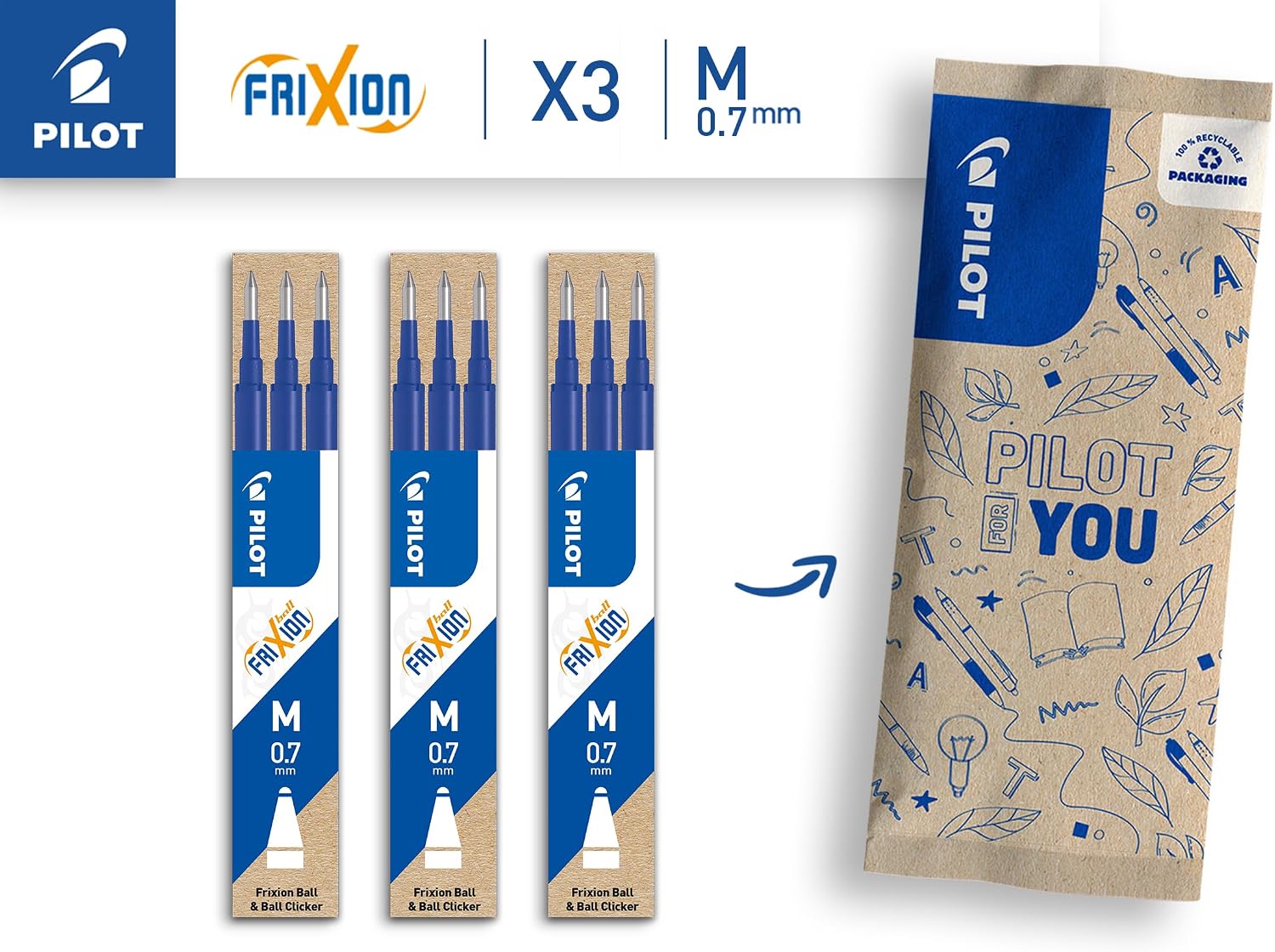 Detalle de Pilot Pack of 3 x 3 Refills 0.7 Blue for FriXion: Erasable Precision for Everyday Writing