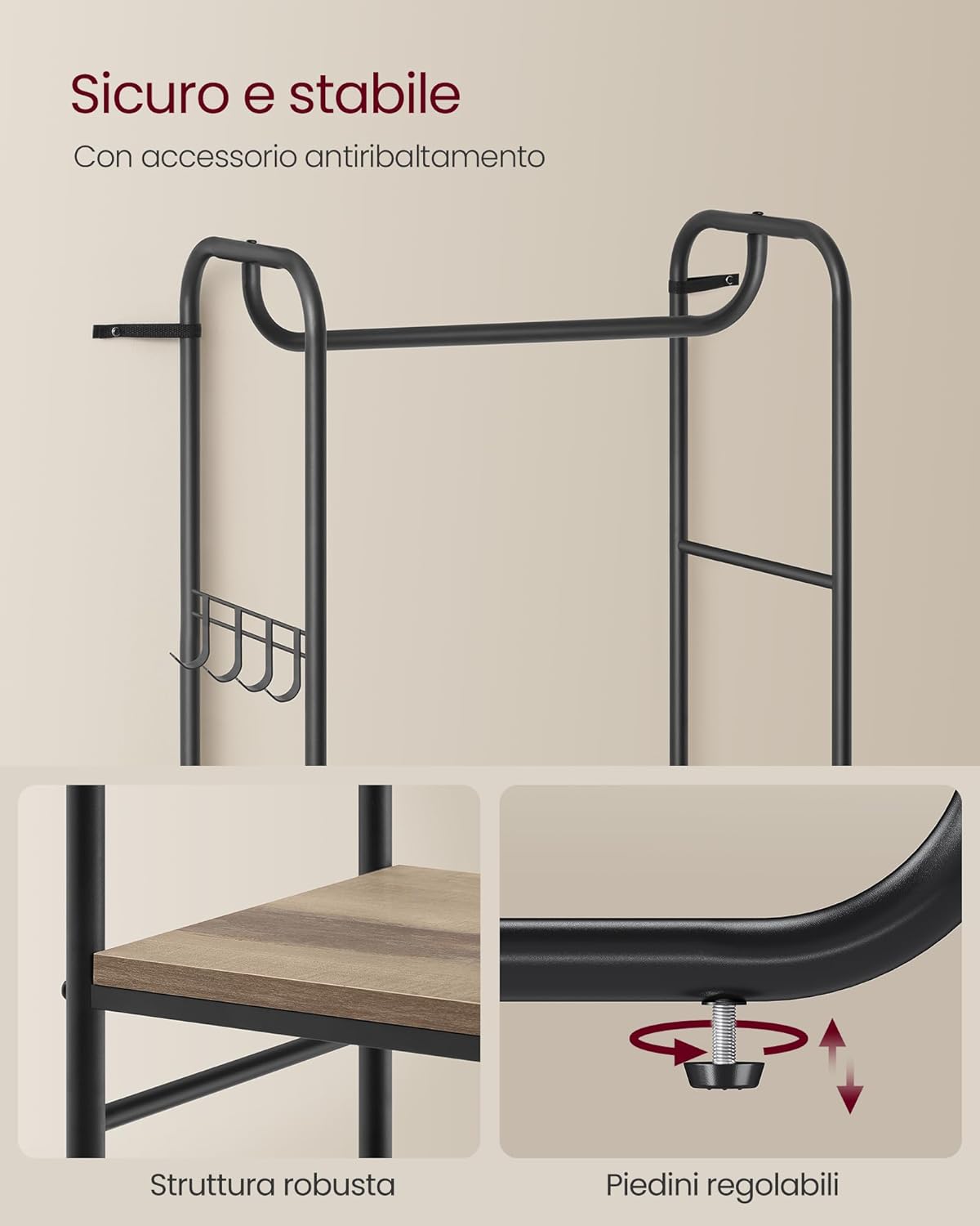 Thumbnail 3 de VASAGLE Appendiabiti con Scarpiera per Ingresso HSR081K01 – stile scandinavo, Nero Inchiostro / Marrone Cammello