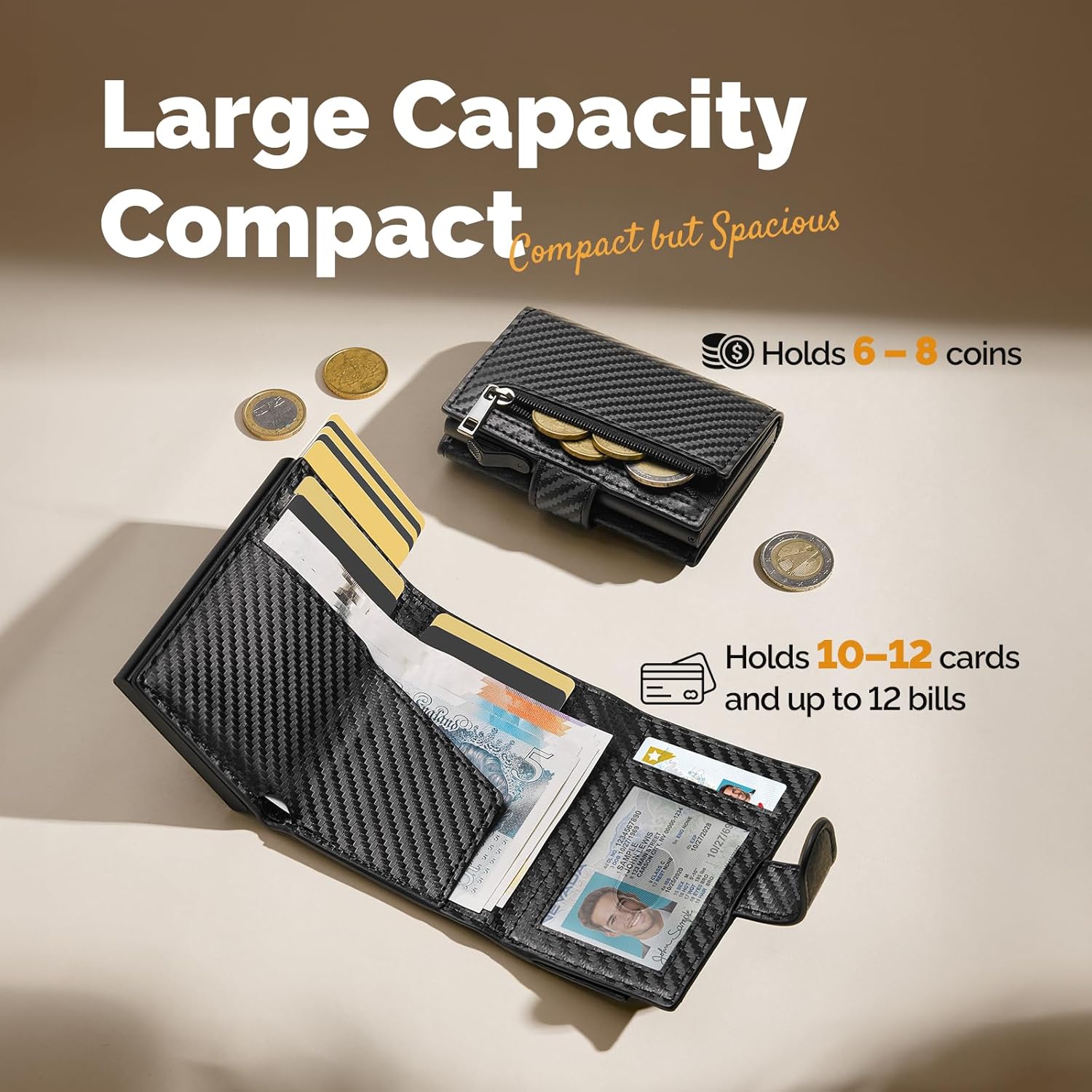 Thumbnail 3 de YESIIW Slim RFID Pop-Up Wallet for Men (Carbon Fibre) with Coin Pocket & ID Window