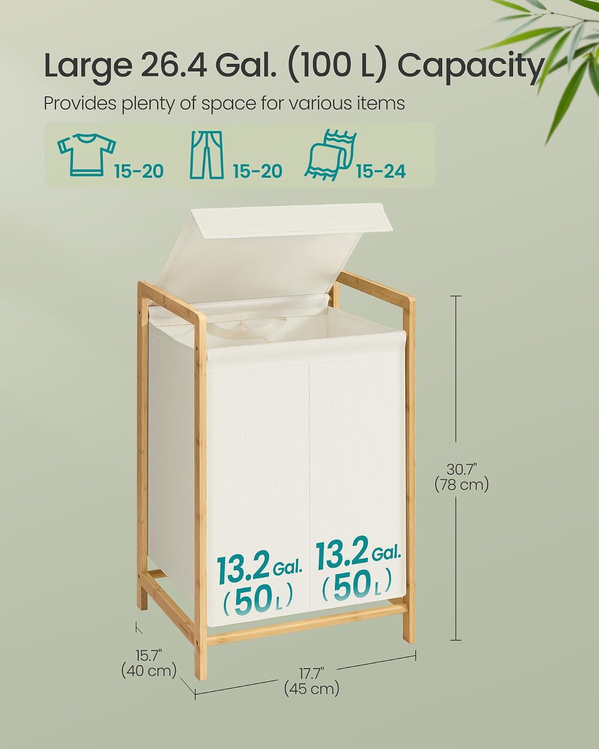 Detalle de SONGMICS ROCKI RLH102WD01 Laundry Hamper, 100 L, Two Compartments