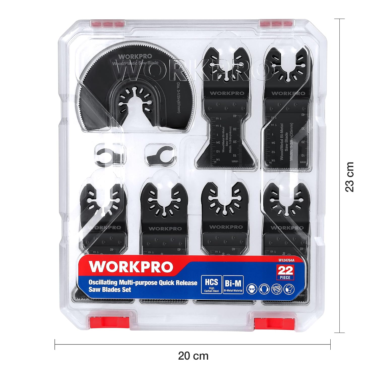 Detalle de Coffret de 22 lames de scie oscillante WORKPRO 22Pcs (universelles) pour bois, métal, plastique et clous