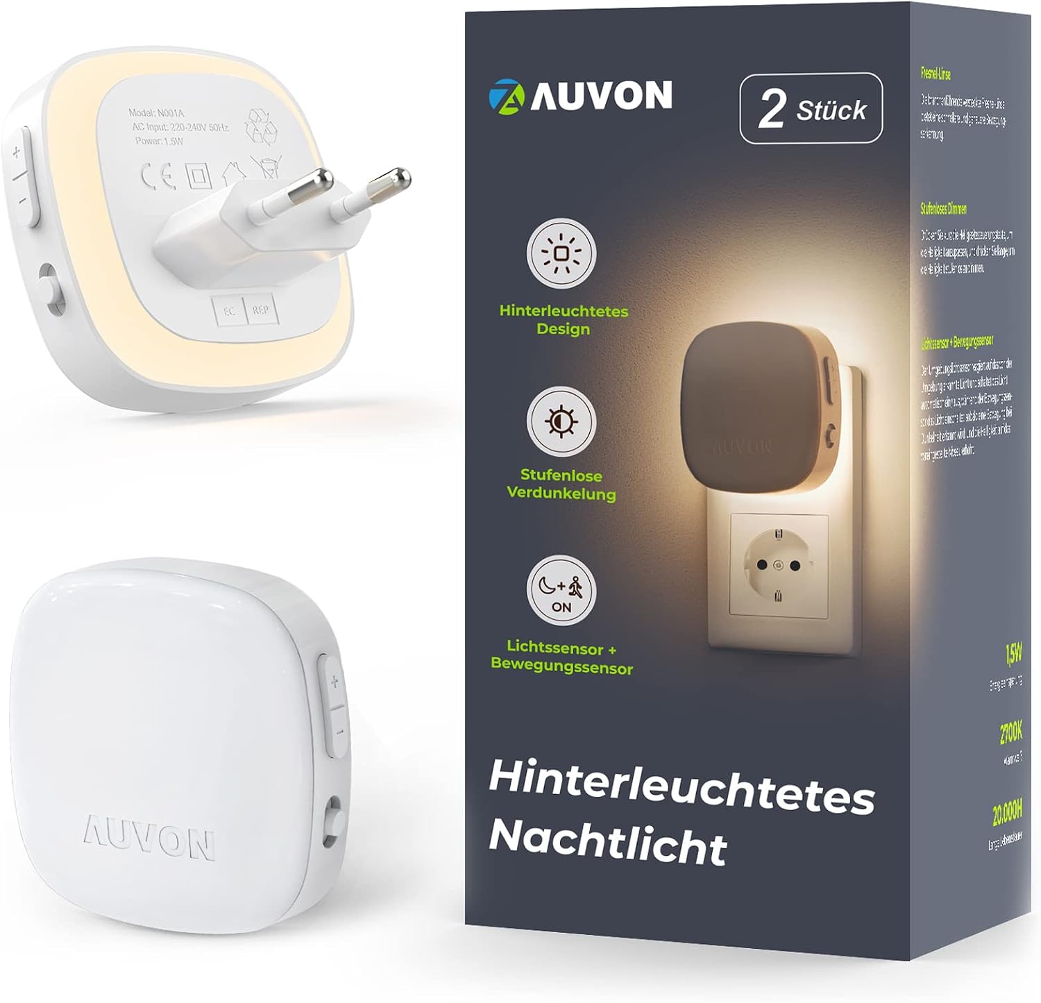 Detalle de AUVON luz nocturna infantil enchufe, 2 uds