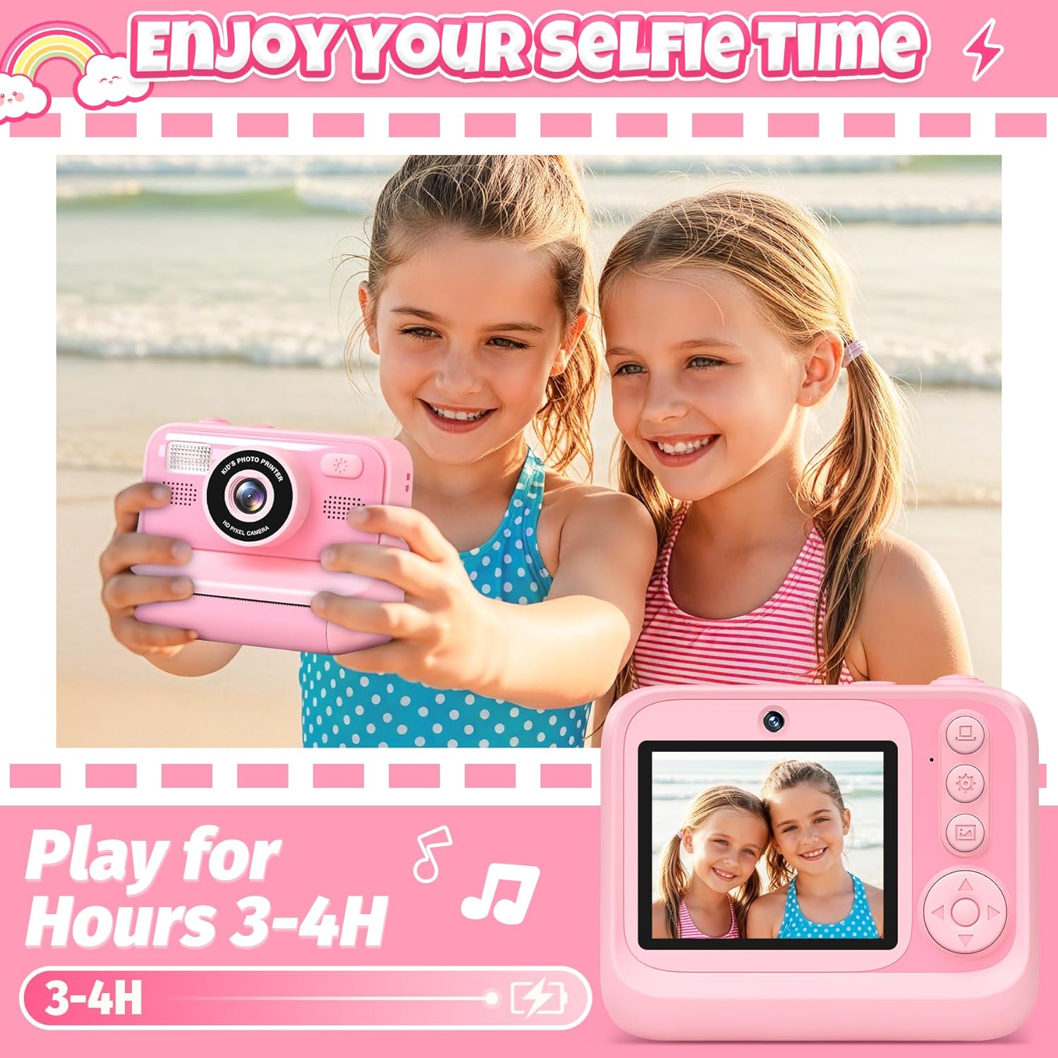 Detalle de Gontence Appareil Photo Instantané Enfants – Caméra multi-fonctions rose, 32 Go + 3 rouleaux d'impression