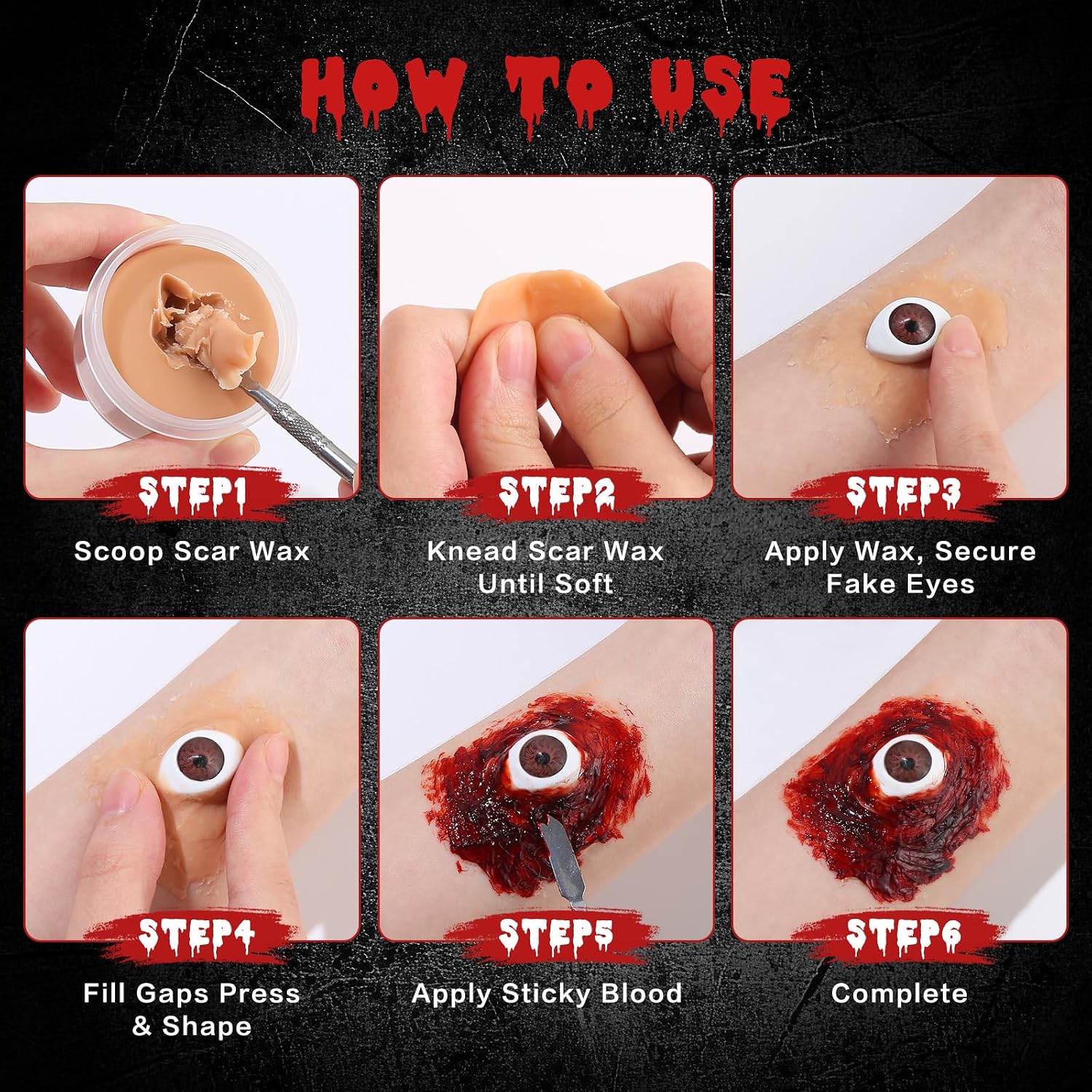 Detalle 1 de BOBISUKA Halloween SFX Makeup Kit with Scar Wax, Blood Gel and Eyeball Accessories