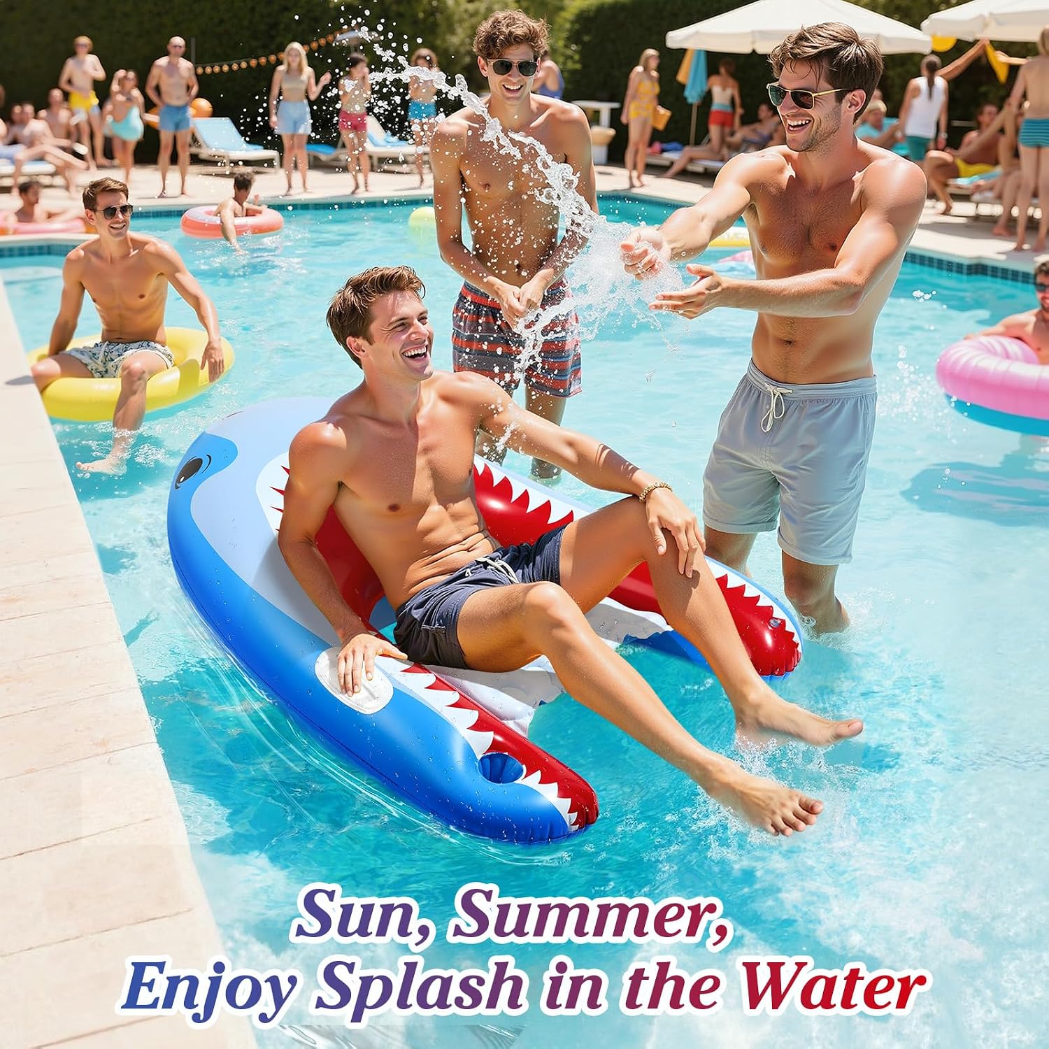 Thumbnail 6 de HeySplash Inflatable Pool Floats: Shark-Shaped Tanning Lounger with Cup Holder (Extra Large)