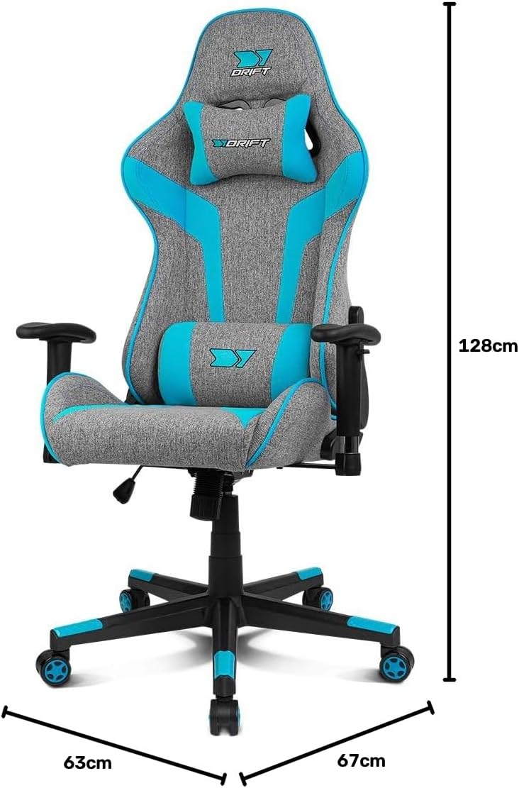 Detalle de DRIFT DR90 gamingstol i grått och blått tyg med 2D-armstöd och kuddar