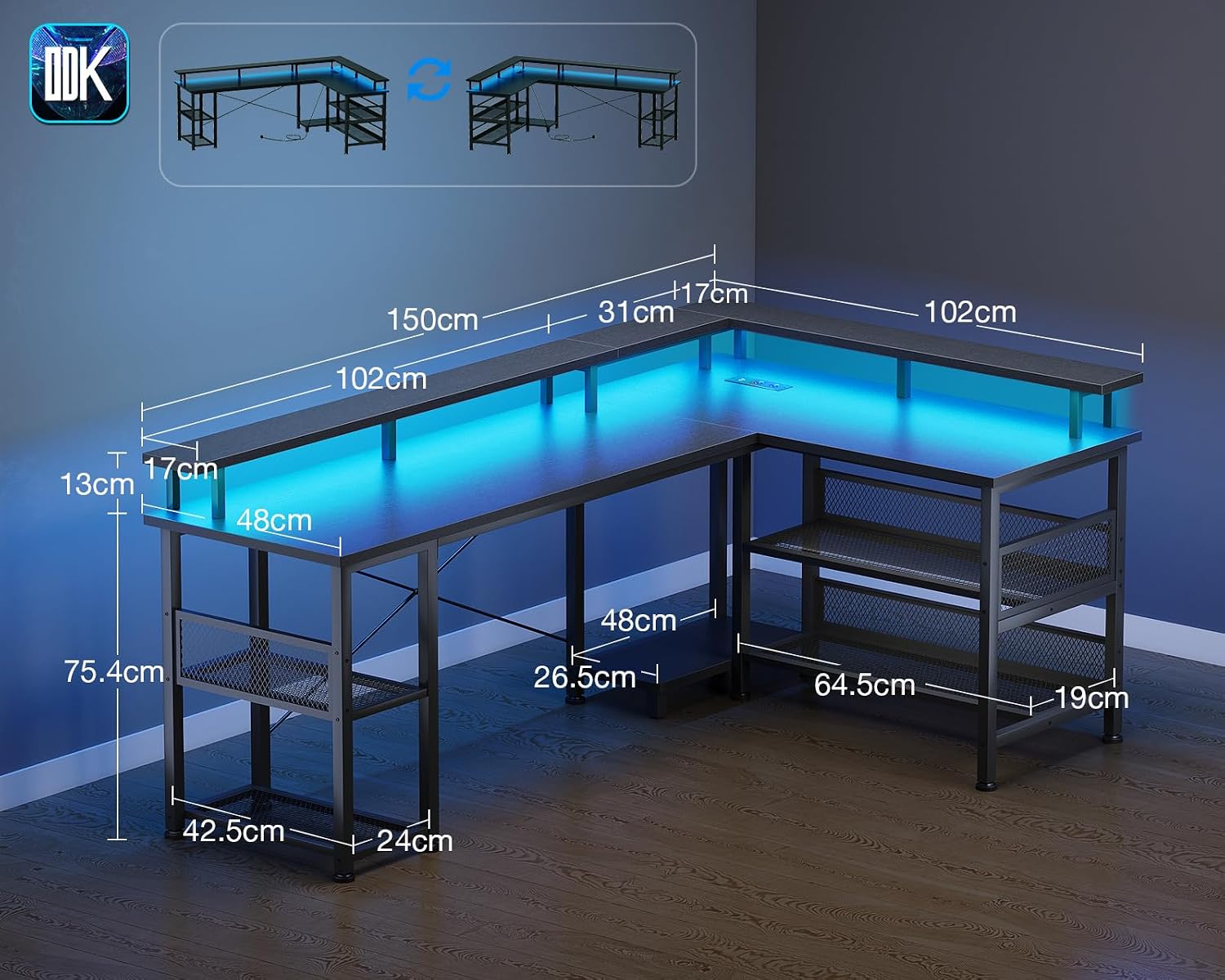 Detalle de ODK ZJZ-SBWJDDD-N L-format gamingbord 150 × 102 cm med LED och hyllor
