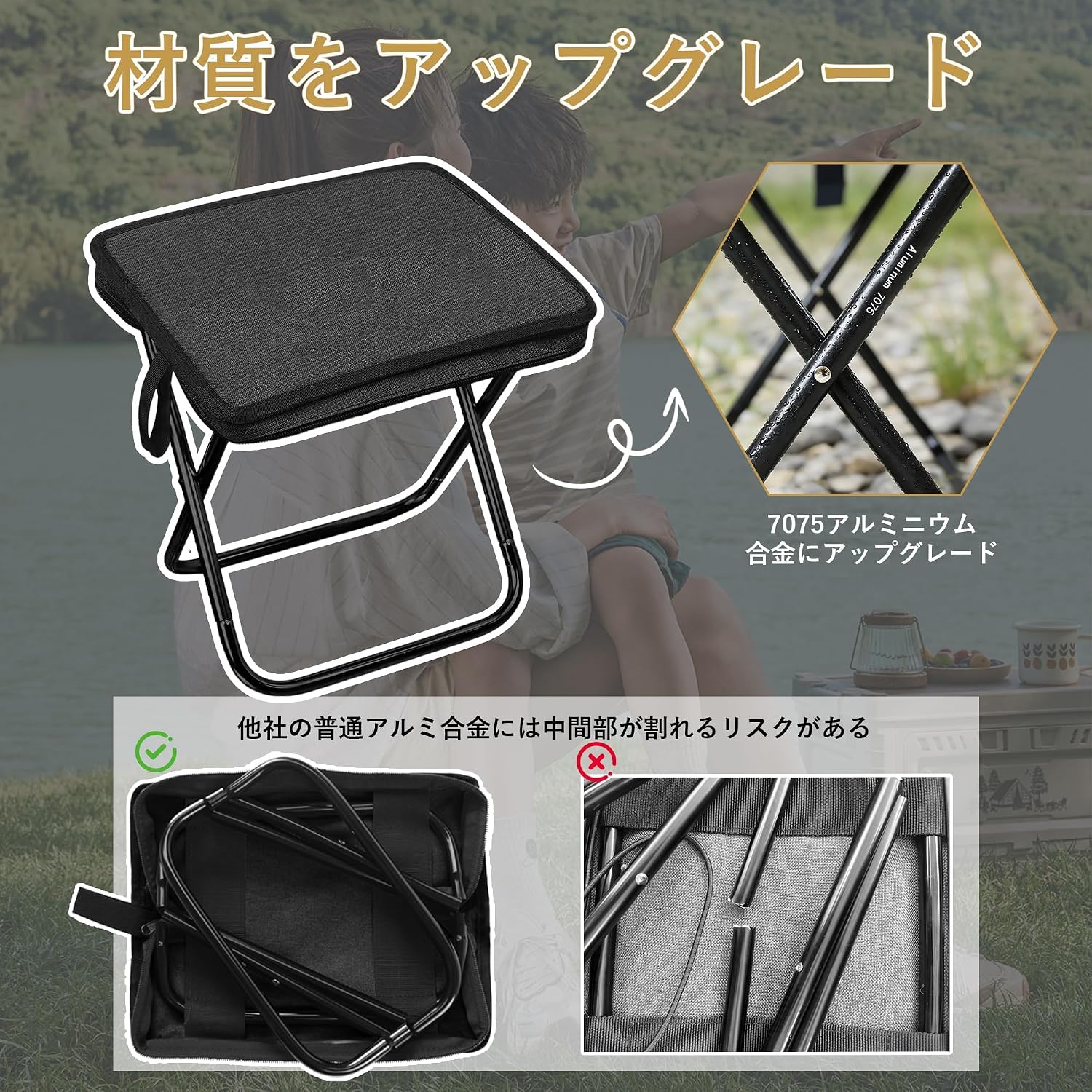 Detalle 2 de ホスール(HOSUR) HWAD-100901 折りたたみスツール 収納袋一体型・軽量アルミ合金・耐荷重150kg