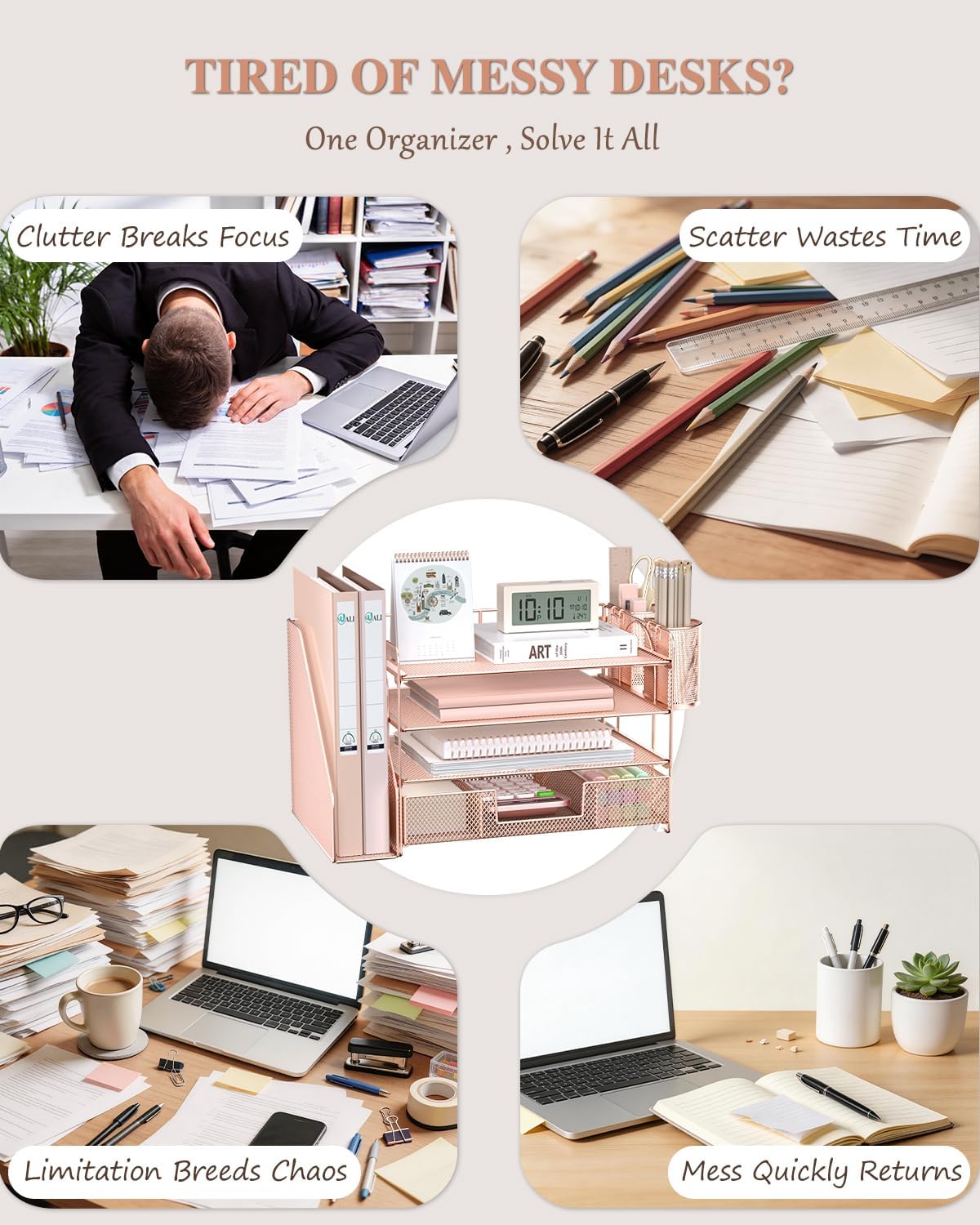 Detalle de WALI 4-Tier Desk File Organizer with Drawer, Pen Holders, Rose Gold