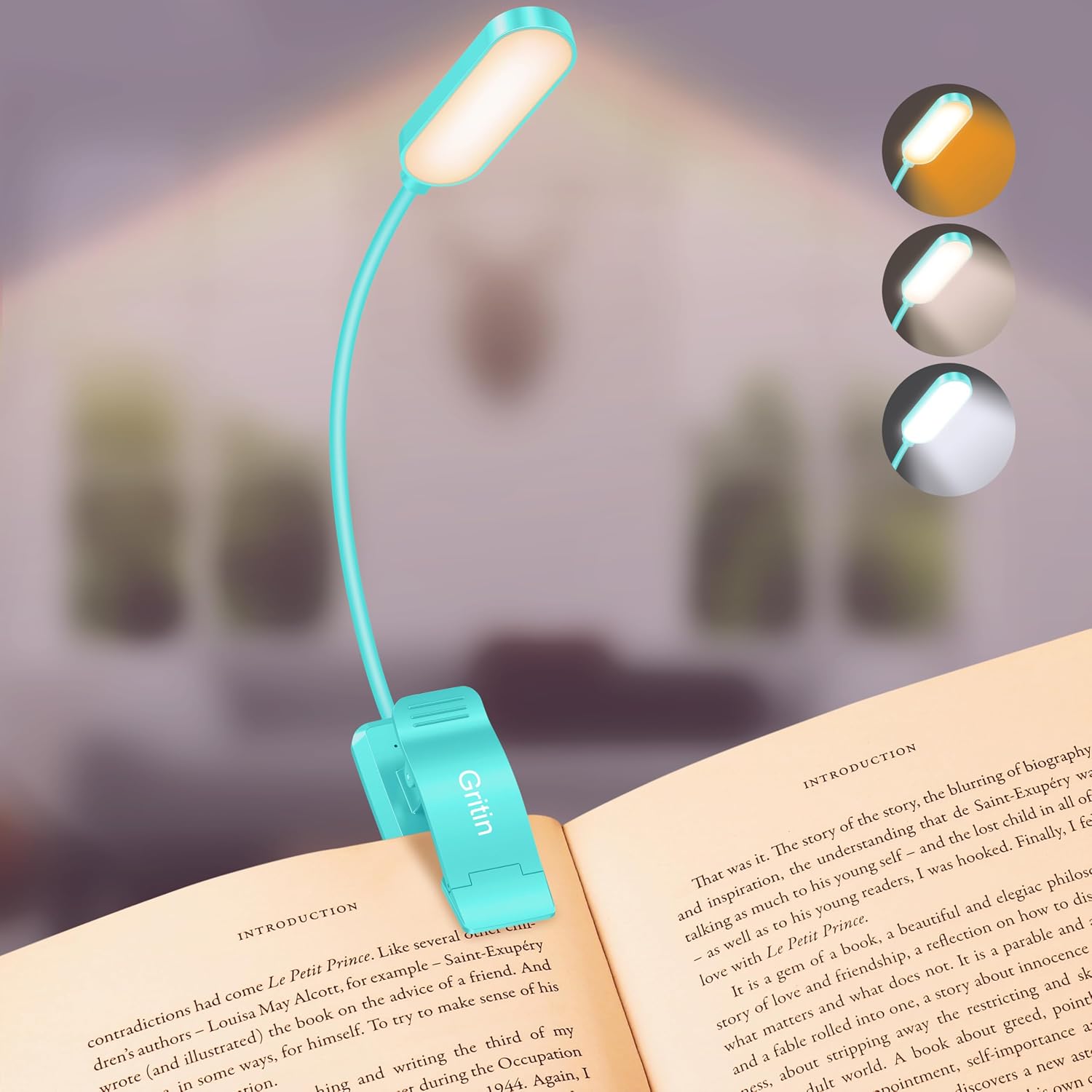 Detalle de Gritin 16 LED Reading Light book light with 3 modes, stepless dimming and rechargeable battery (Blue)