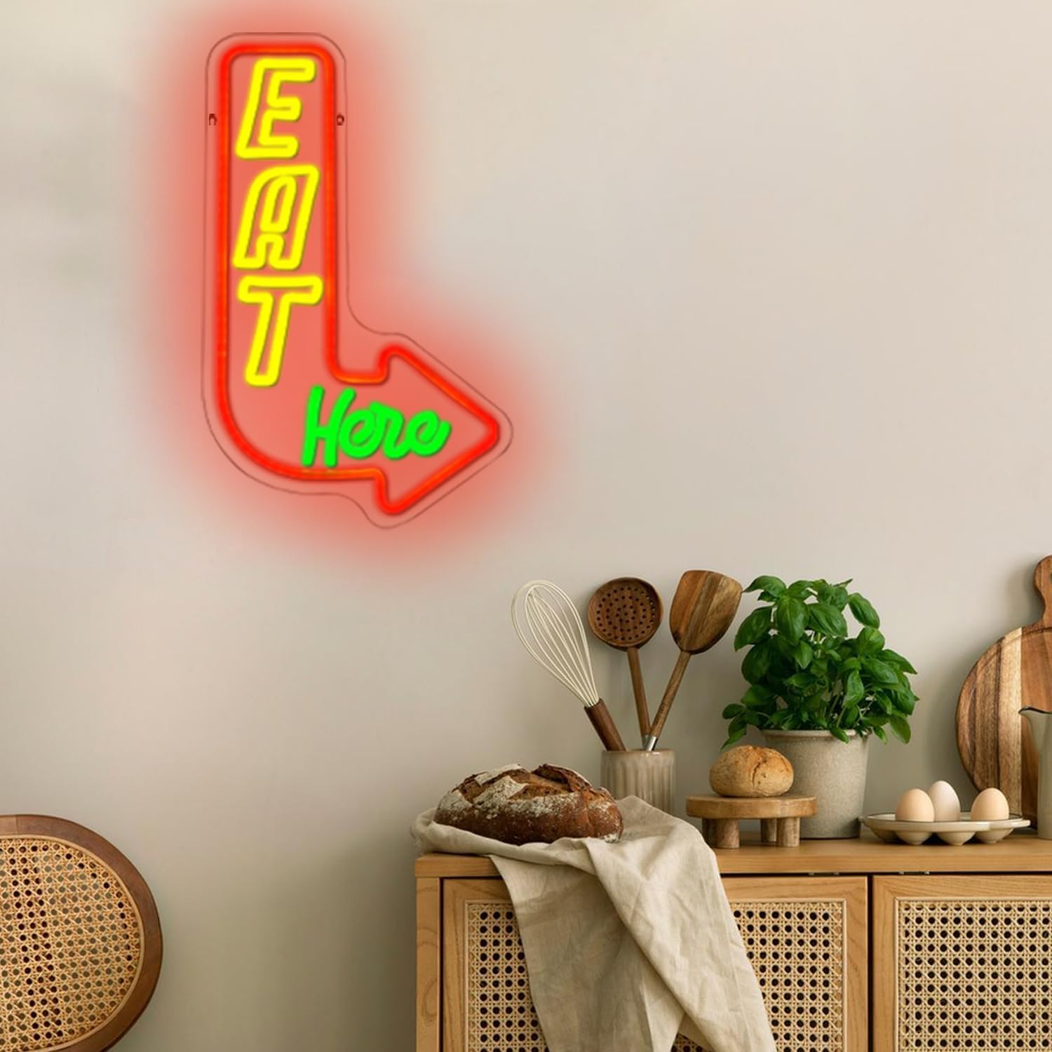 Detalle 2 de LMSIGNLY Eat Here Neon Schild – Pfeil-Neon für Küche, Wohnzimmer und mehr