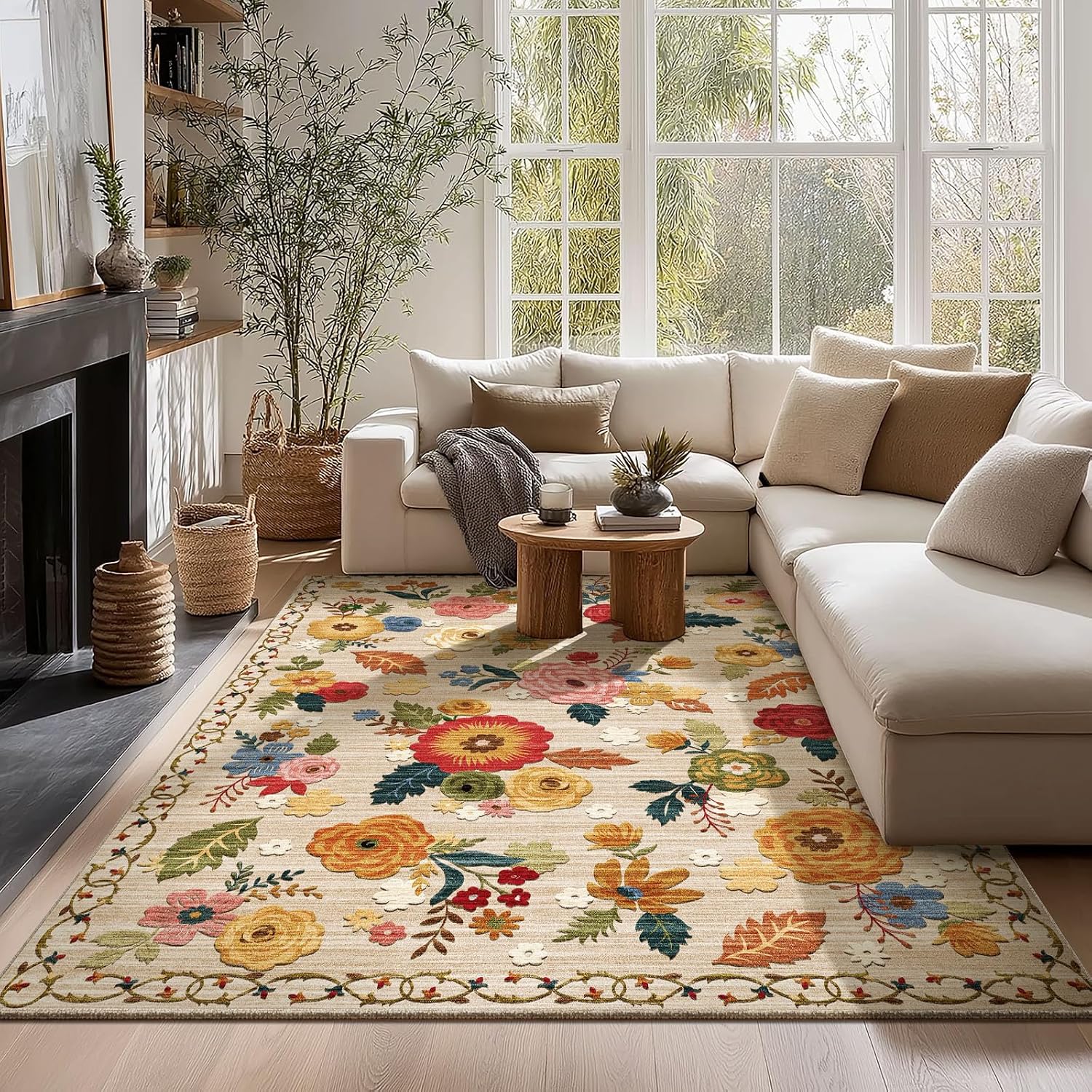 Thumbnail 1 de 5 x 7 Machine-Washable Floral Vintage Rug — Short Pile